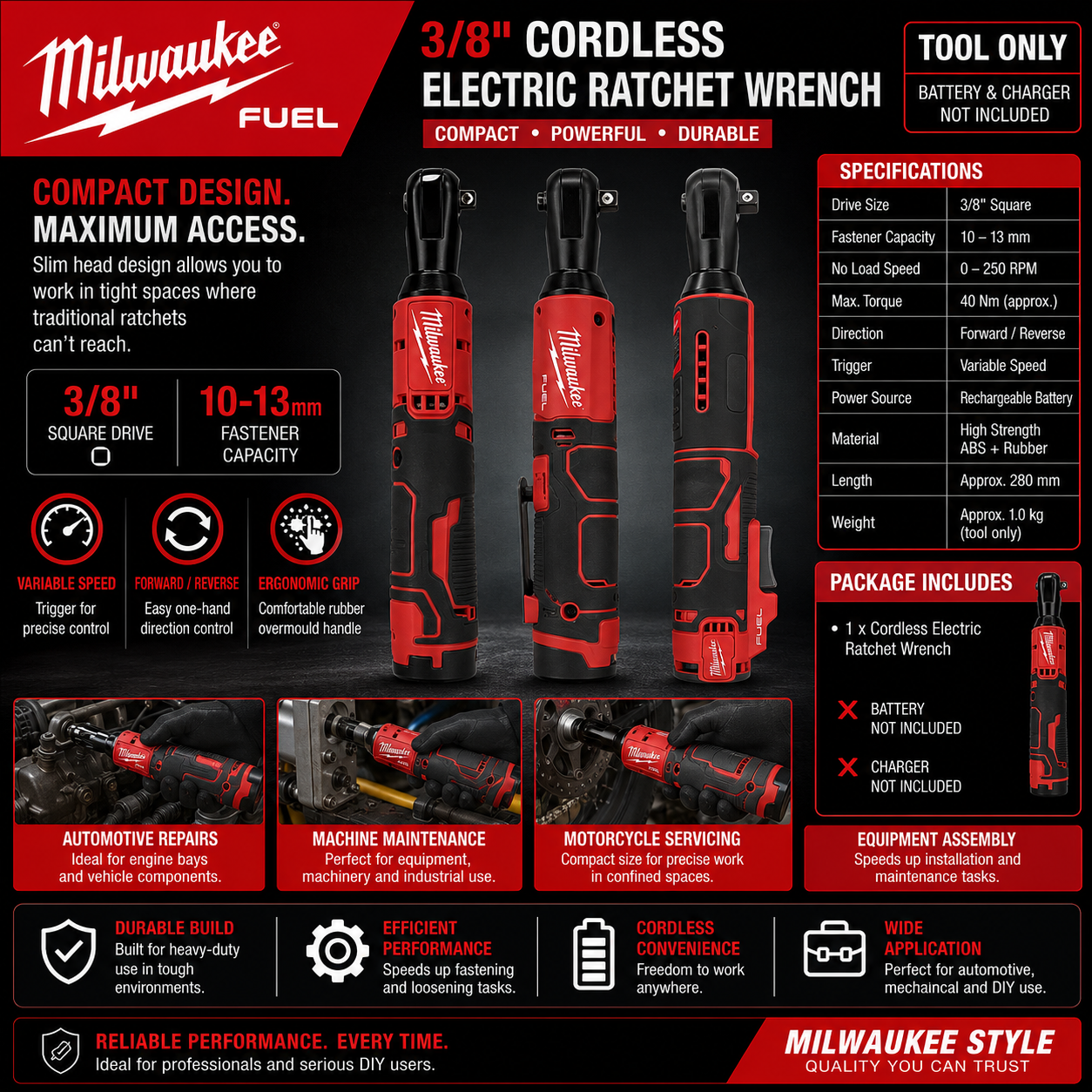 Milwaukee 3/8" Cordless Electric Ratchet Wrench – Tool Only