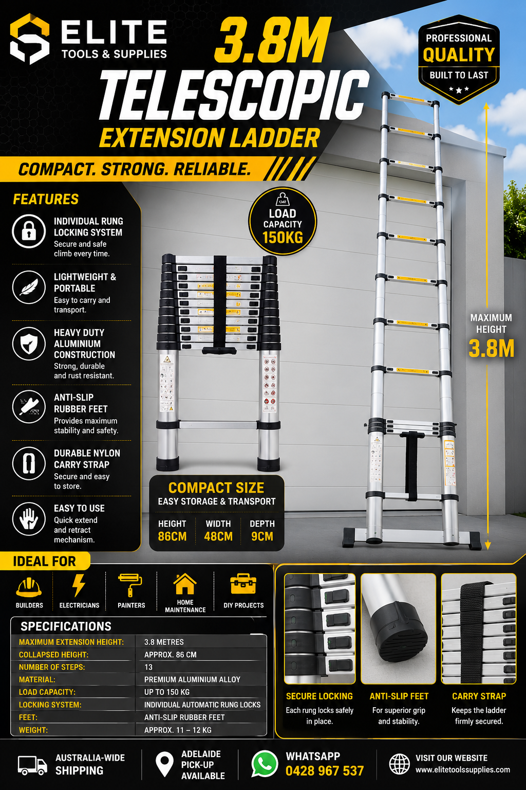 3.8m Aluminium Telescopic Extension Ladder  This 3.8m Telescopic Extension Ladder is a compact, lightweight and heavy-duty solution for professional tradespeople, homeowners and DIY users. Manufacture