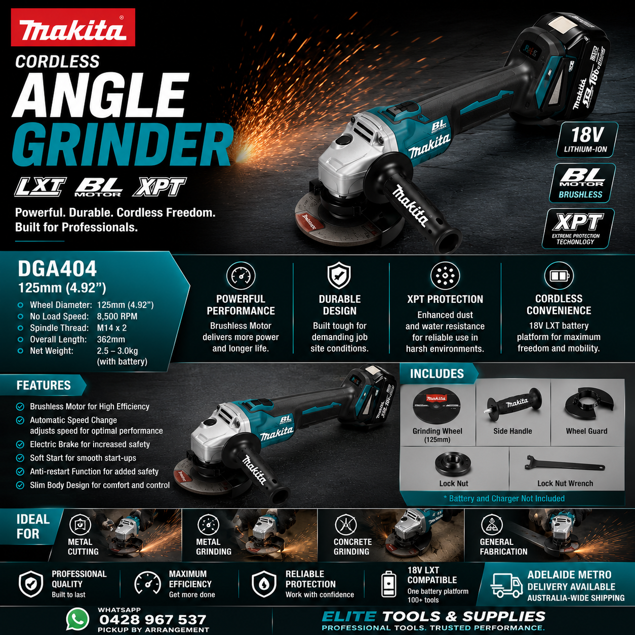 Makita DGA404Z 18V LXT Brushless 100mm Cordless Angle Grinder (Tool Only)
