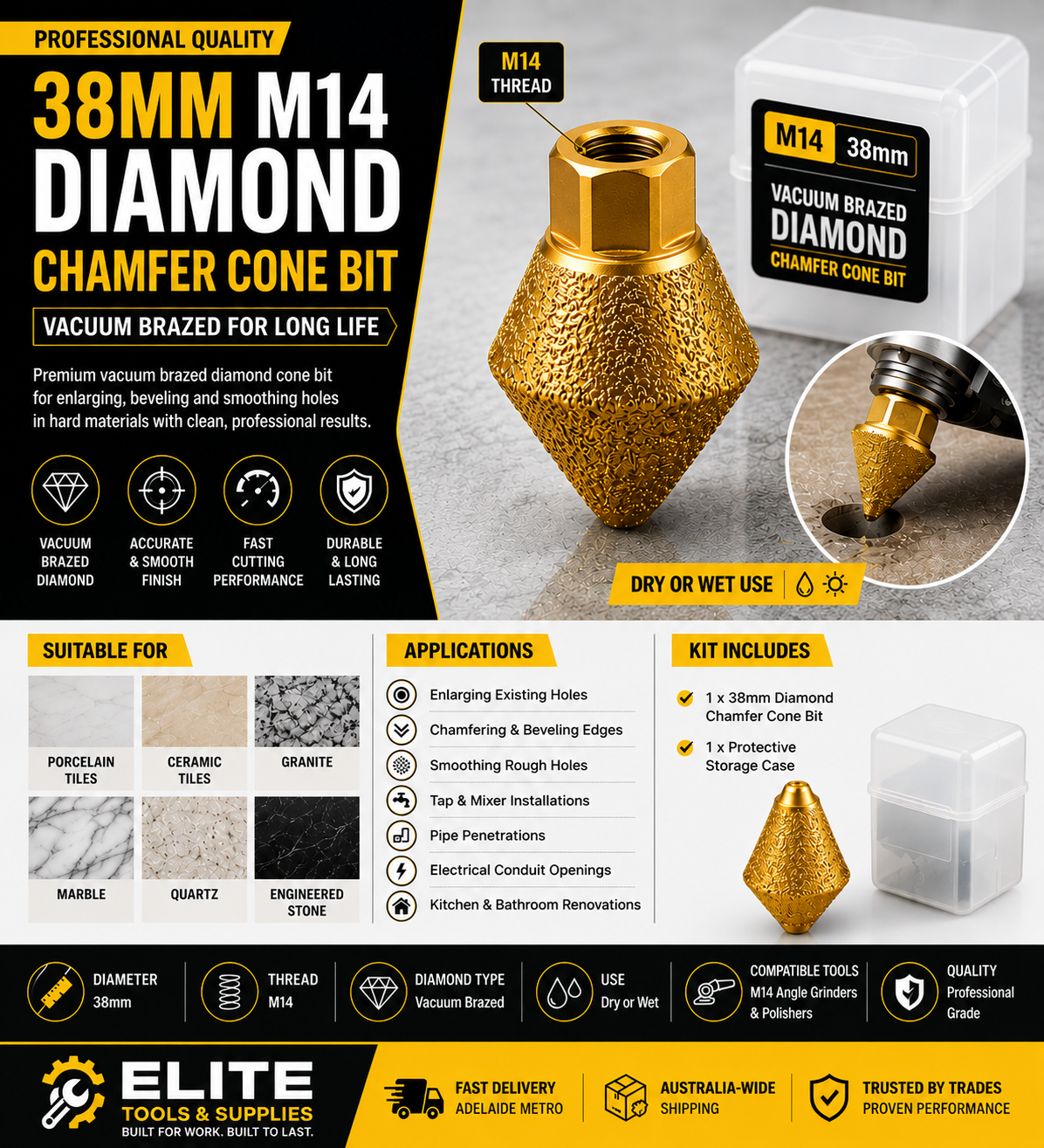 38mm M14 Vacuum Brazed Diamond Chamfer Cone Bit