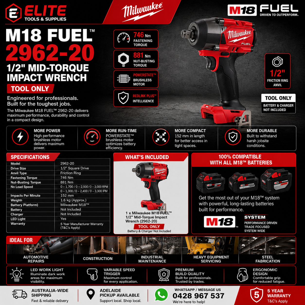 Milwaukee M18 FUEL™ 1/2" Mid-Torque Impact Wrench with Friction Ring (2962-20) – Tool Only