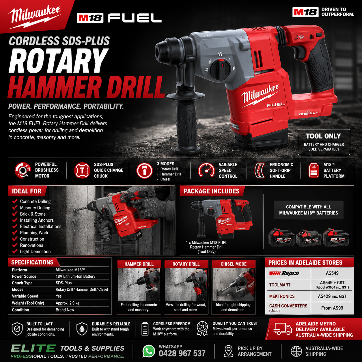 Milwaukee M18 FUEL Cordless SDS-Plus Rotary Hammer Drill (Tool Only)