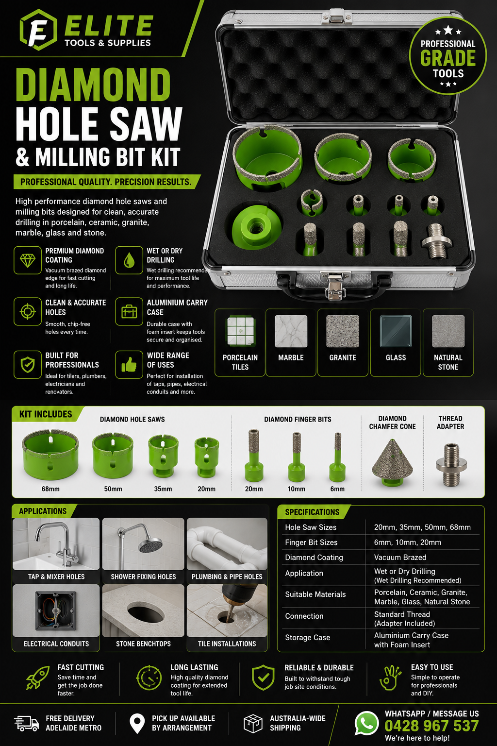 Diamond Hole Saw & Milling Bit Kit with Aluminium Carry Case