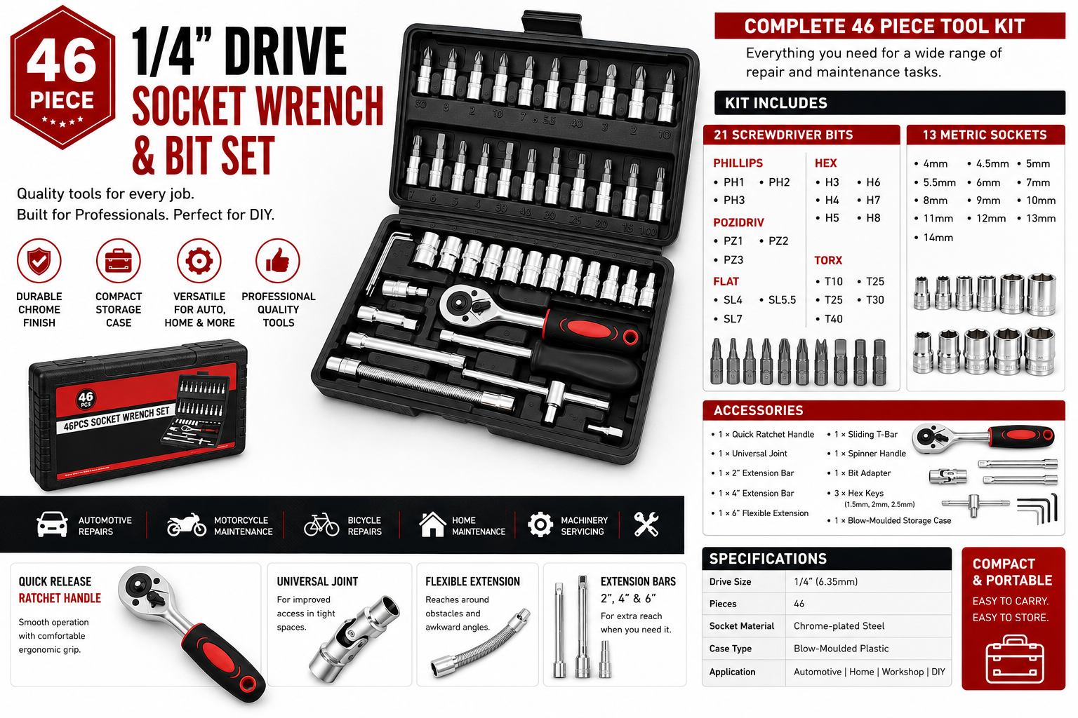 46-Piece 1/4" Drive Socket Wrench & Bit Set