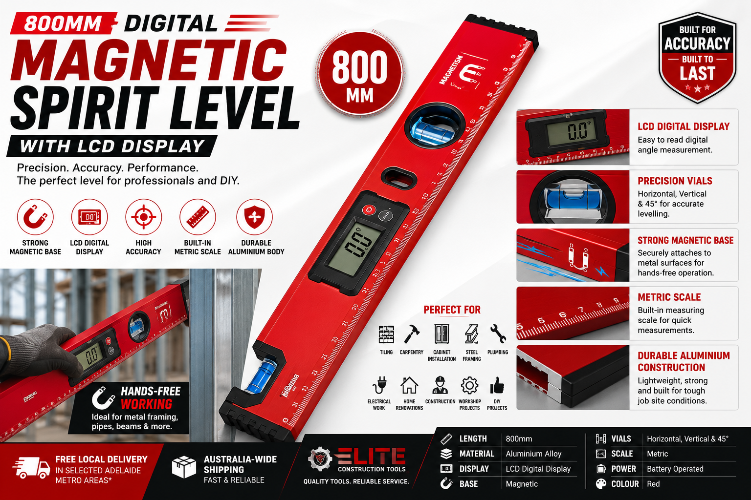 Digital Magnetic Spirit Level with LCD Display – 800mm