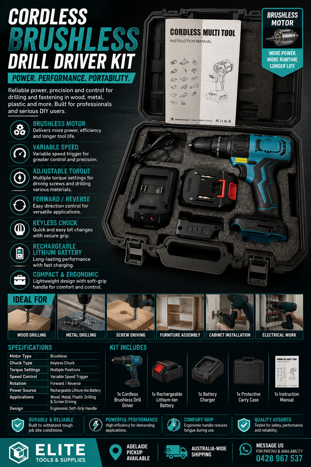 Cordless Brushless Drill Driver Kit (Rechargeable)