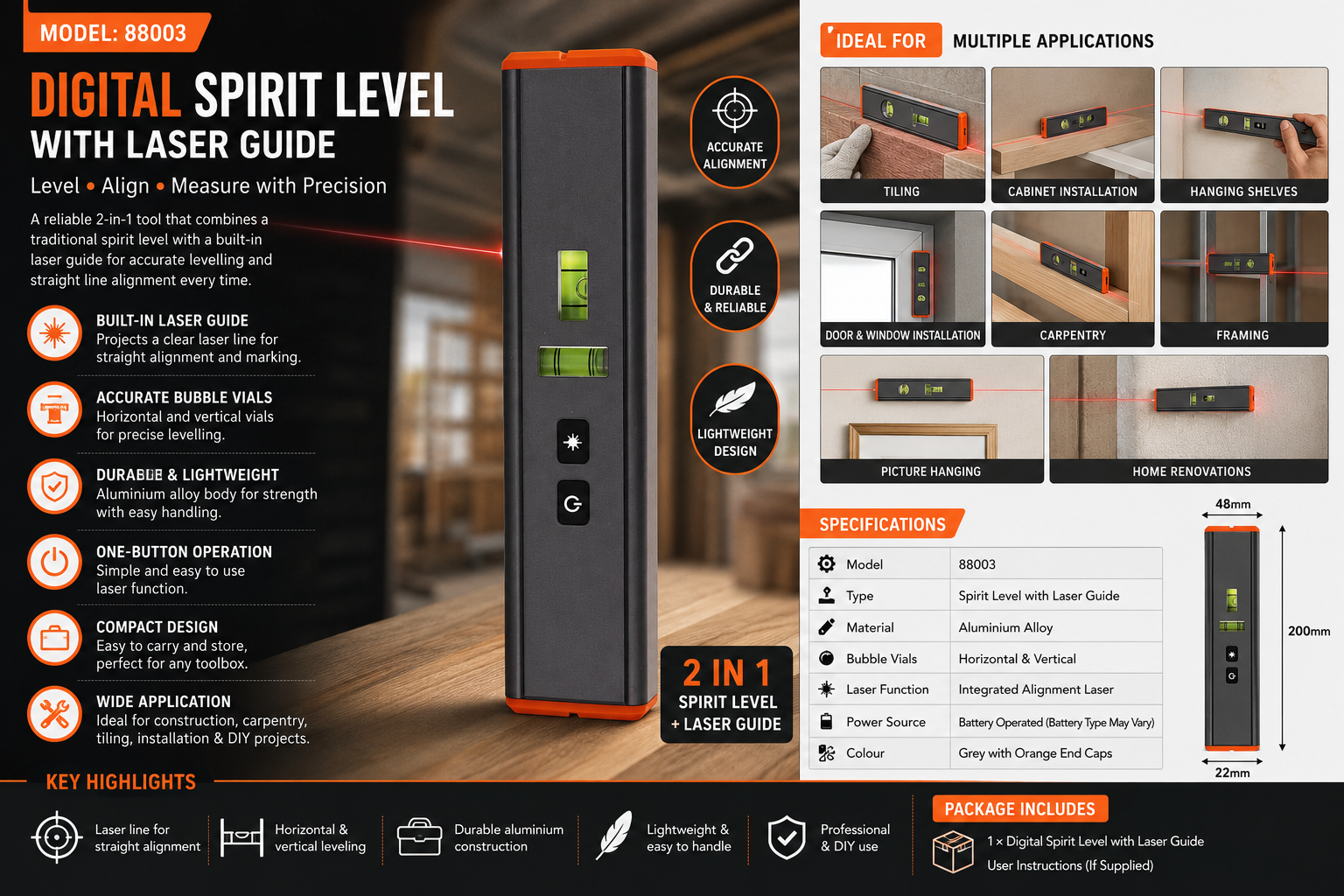 Digital Spirit Level with Laser Guide (Model: 88003)