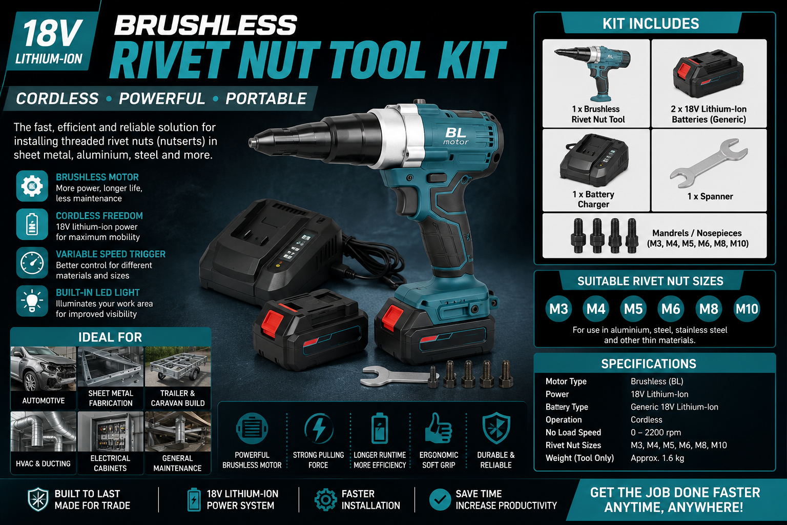 Brushless Cordless Rivet Nut Gun Kit – 18V Lithium-Ion – Includes 2 Batteries & Charger