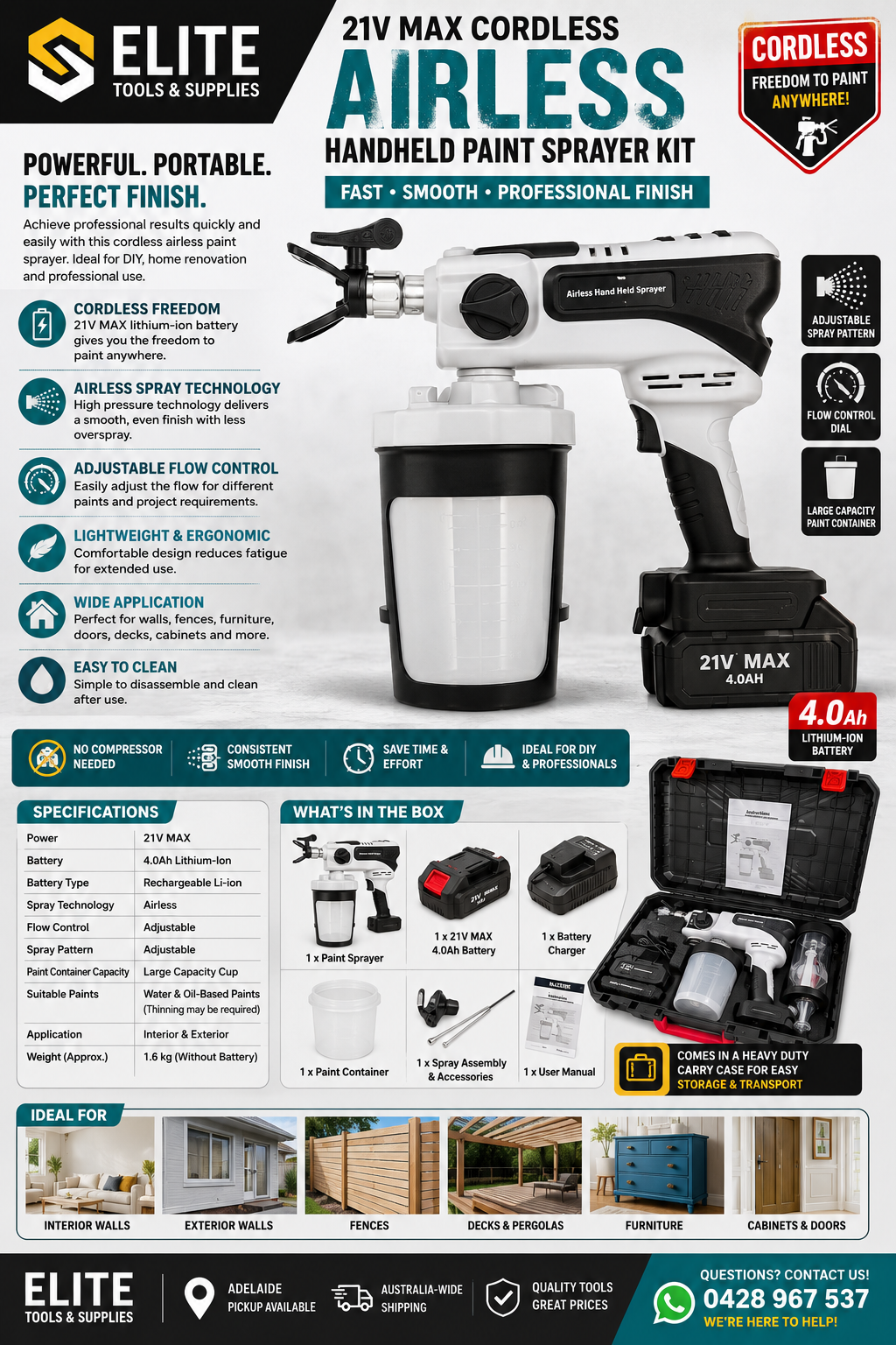Cordless 21V MAX Airless Handheld Paint Sprayer Kit with 4.0Ah Battery & Charger