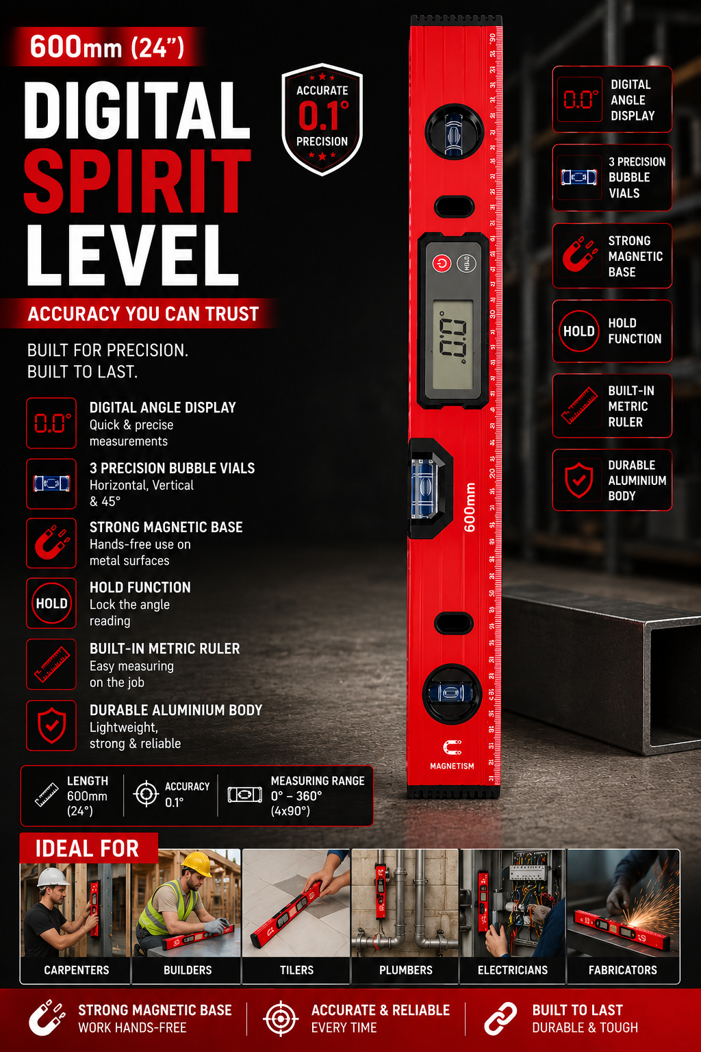 Digital Spirit Level with LCD Digital Angle Display & Magnetic Base - 600mm