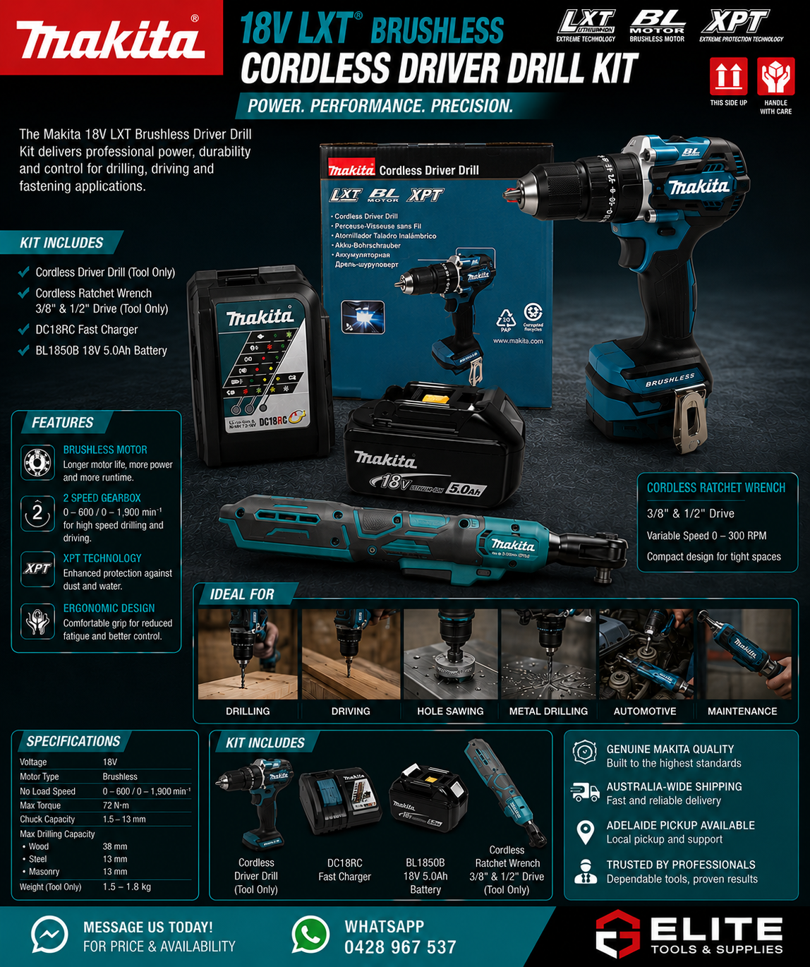 Makita 18V LXT Brushless Combo Kit – Driver Drill, Impact Driver, Ratchet Wrench, 5.0Ah Battery & Charger