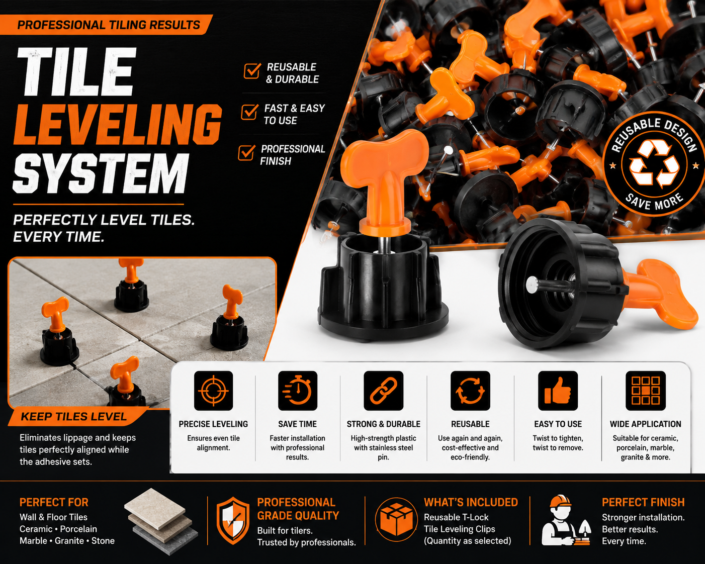 Tile Leveling System – Reusable T-Lock Twist Leveling Clips (Pack of 50)