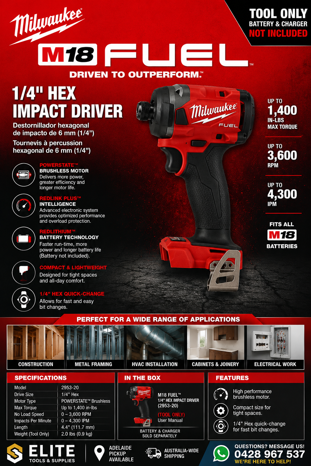 Milwaukee M18 FUEL™ 18V 1/4" Hex Impact Driver (Tool Only) – 2953-20