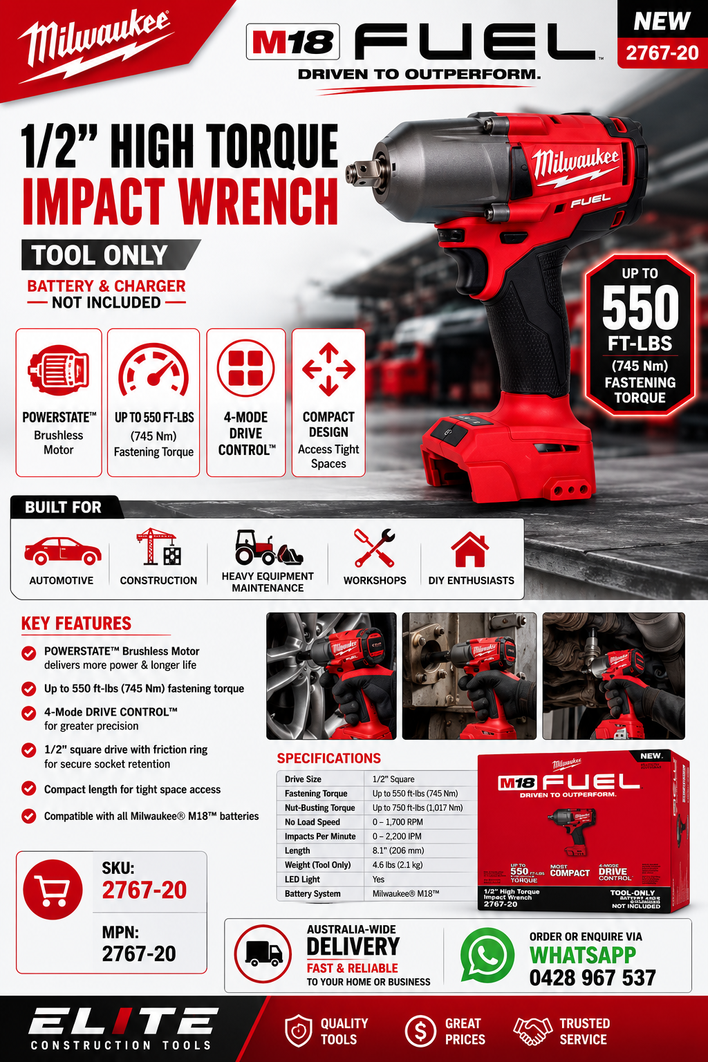 Milwaukee M18 FUEL™ 1/2" High Torque Impact Wrench (Tool Only) – 2767-20