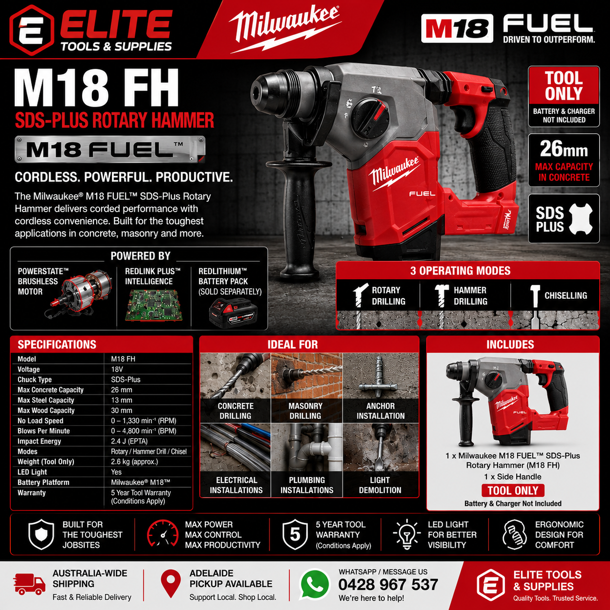 Milwaukee M18 FUEL™ SDS-Plus Rotary Hammer (M18 FH) – Tool Only