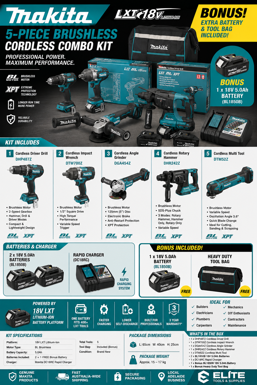 Makita 18V LXT Brushless 5-Piece Combo Kit with FREE 5.0Ah Battery & Tool Bag