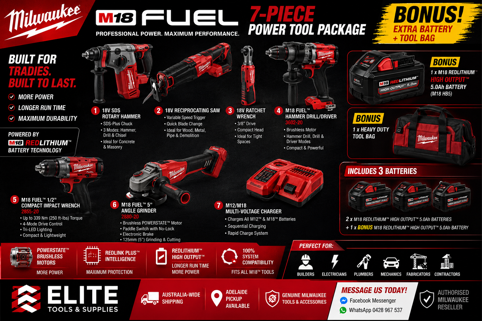Milwaukee 18V Cordless 7-Piece Power Tool Package with BONUS Battery & Tool Bag