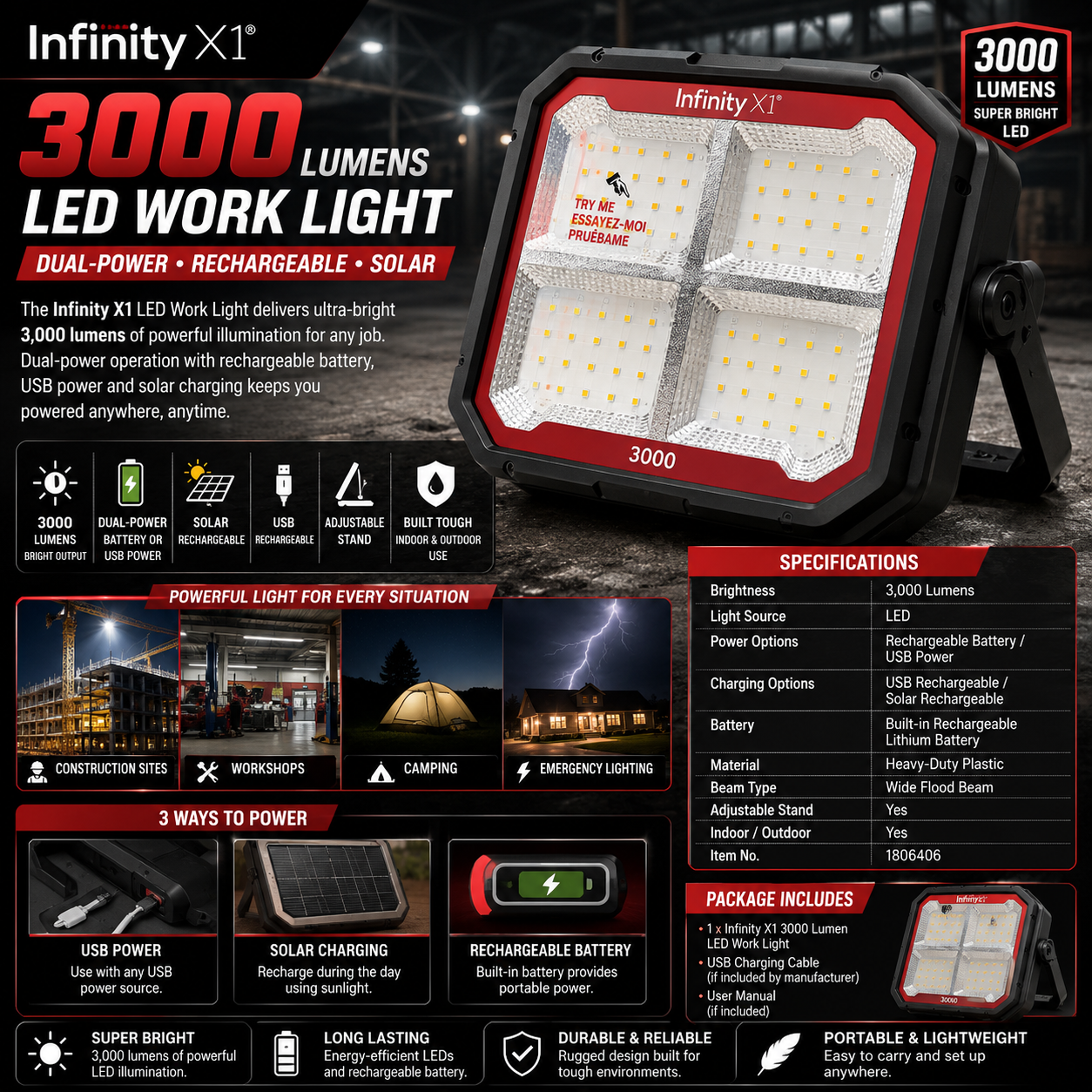 Infinity X1 Dual-Power LED Work Light – 3000 Lumens