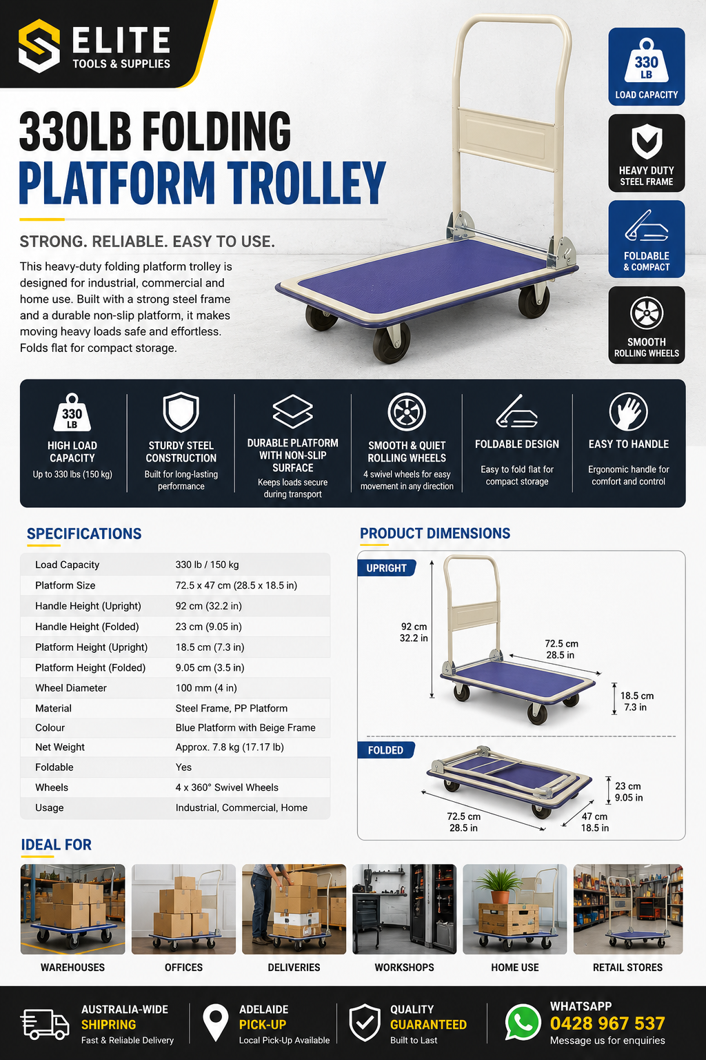 150kg Heavy Duty Folding Platform Trolley – 330lb Capacity