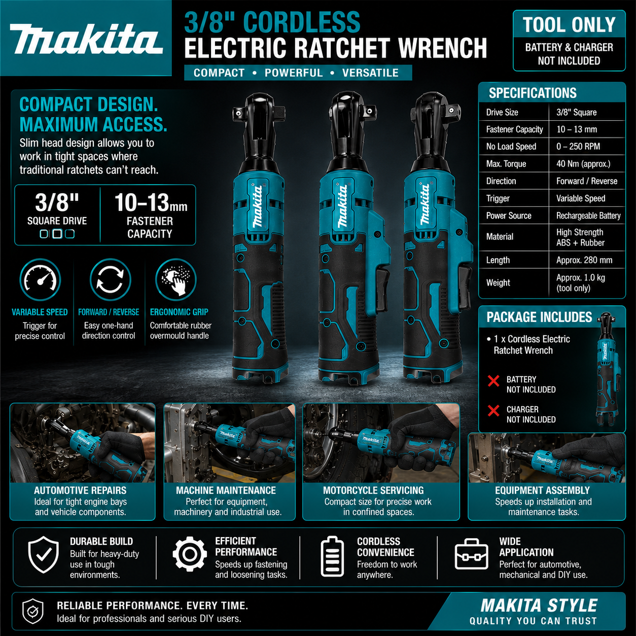 Cordless 3/8" Electric Ratchet Wrench – Makita Style (Tool Only)