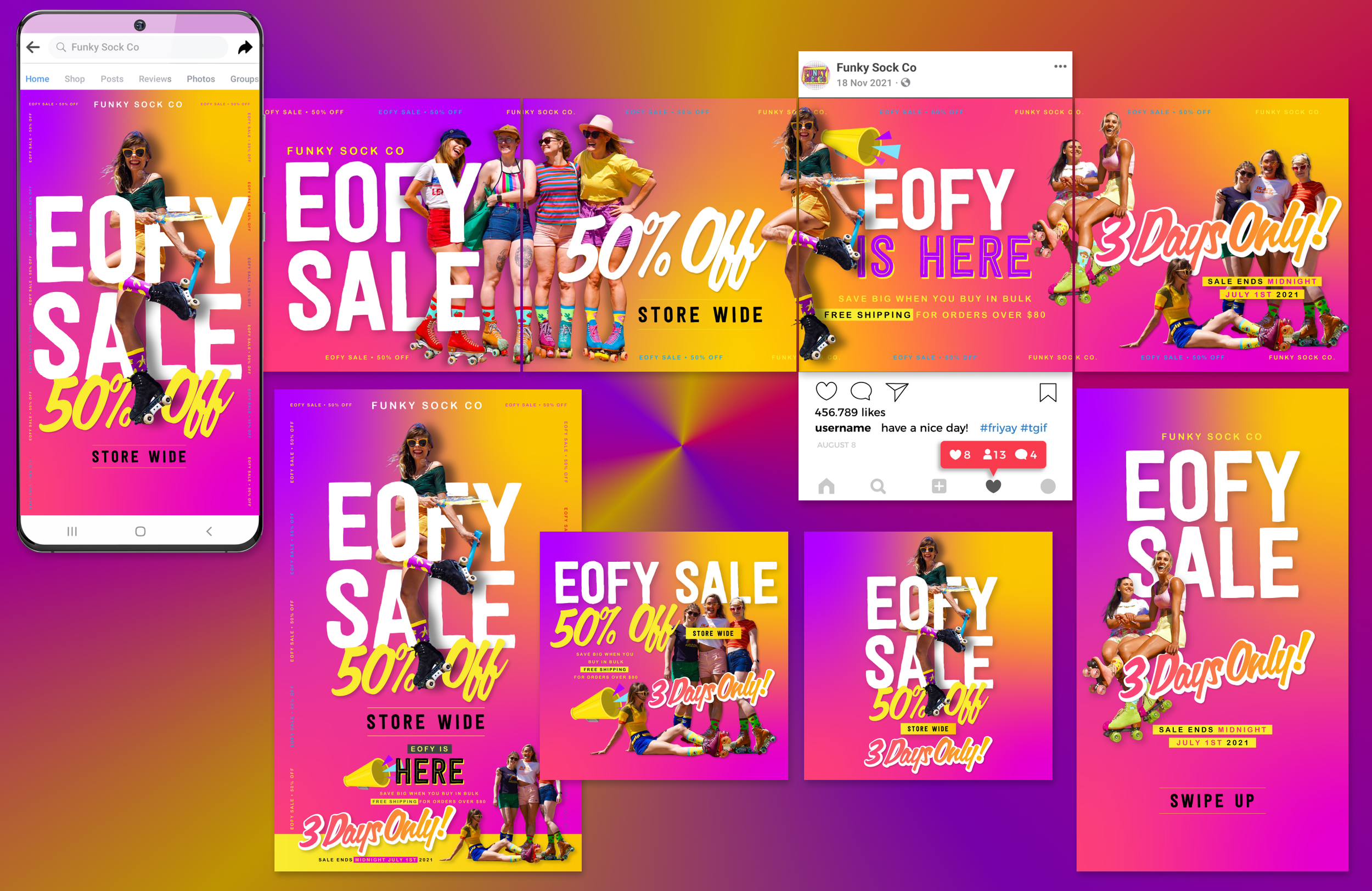 A colorful advertisement for Funky Sock Co promoting a storewide sale with 50% off, celebrating 3 days only from July 1st, 2021. The design features girls wearing colorful socks and roller skates, with vibrant pink, yellow, and purple backgrounds, and promotional text including 'EoFY Sale', 'Save Big When You Buy in Bulk', 'Free Shipping', and 'Sale Ends Midnight July 1st 2021'.