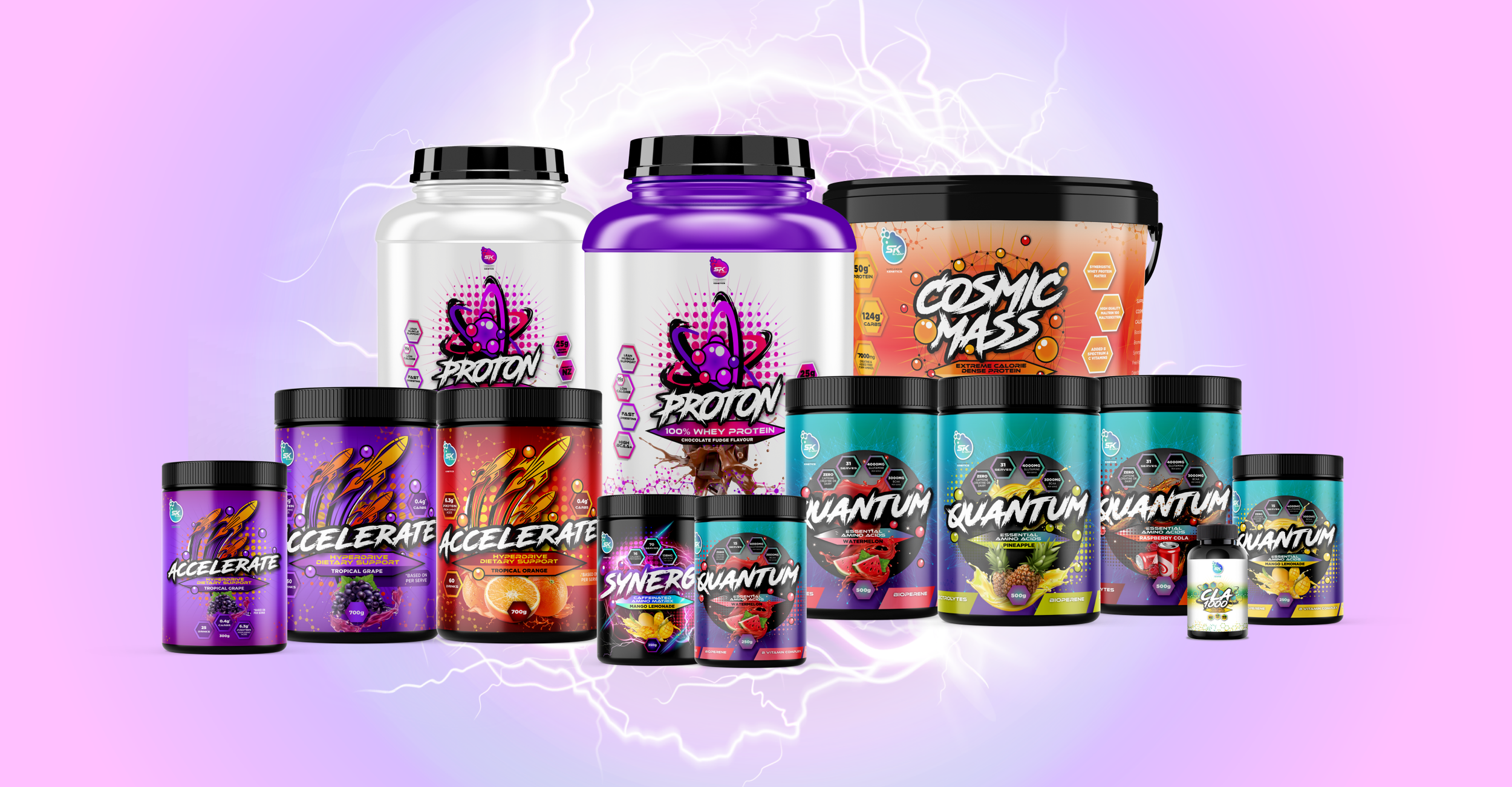 A collection of dietary supplement products including protein powders, multivitamins, and energy drinks with vibrant packaging, set against a purple background with lightning effects.