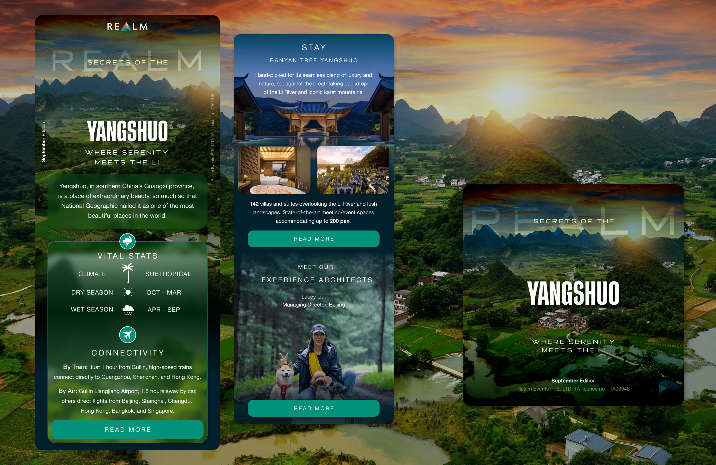 A landscape scene of green mountains, rice fields, and a river at sunset or sunrise with a colorful sky. Overlaid are promotional cards for Yangshuo travel destination, featuring text about local scenery, accommodations, climate, and transportation options.