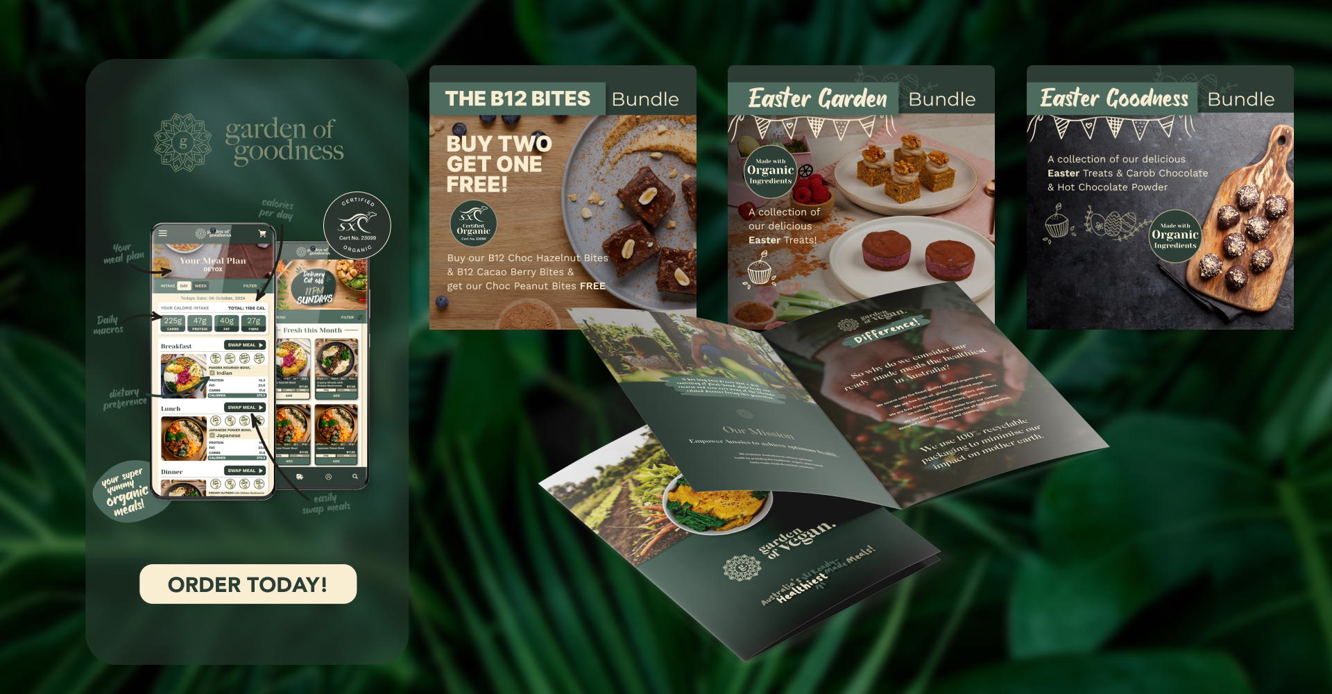 Various promotional materials and digital images for a brand called Garden of Goodness, including a mobile app interface showing meal plans, and promotional cards for Easter-themed treats and organic ingredients.