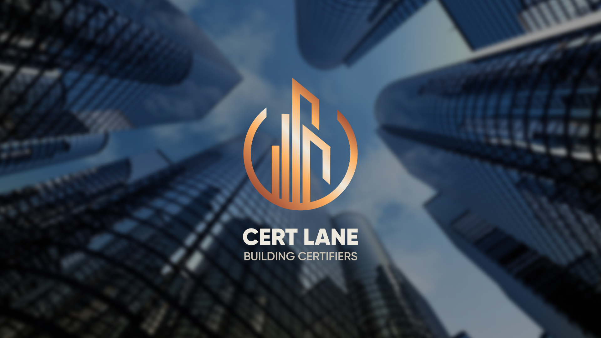 Tall skyscrapers and modern office buildings with a company logo for Cert Lane Building Certifiers in the foreground.
