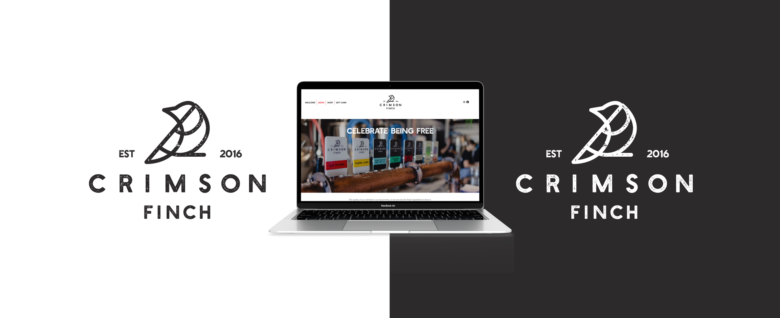 A graphic design of a logo for Crimson Finch, established in 2016, featuring a stylized bird outline with text. The left side has a white background, and the right side has a black background, with the logo and text mirrored on each side. In the center, a MacBook Air laptop displays a website for Crimson Finch, showing beer taps and colorful drink labels at a bar.