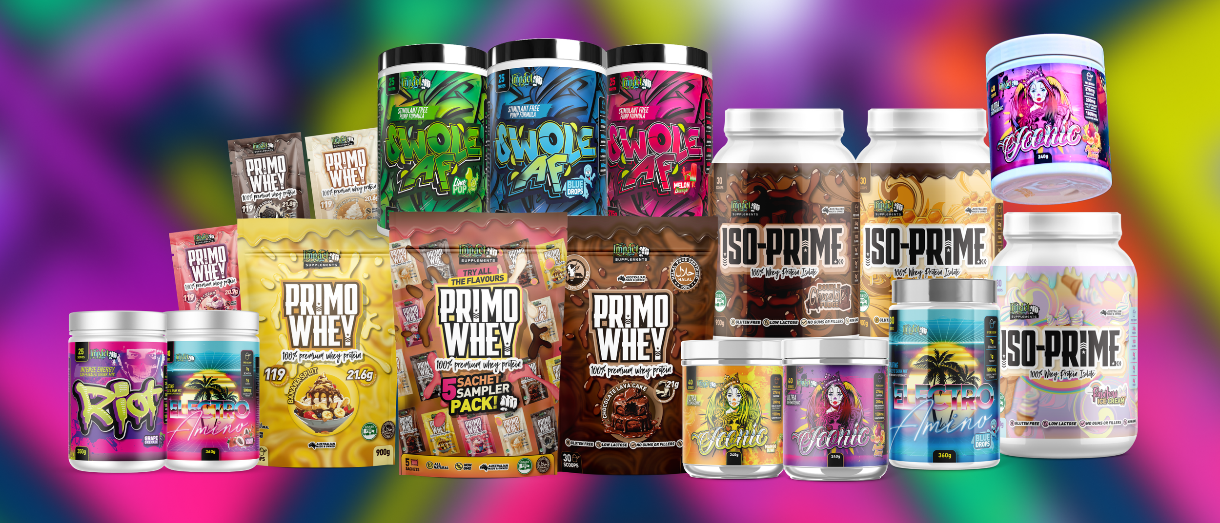 Various health and energy supplement products including protein powders, snack packs, and drink powders on a colorful blurred background.