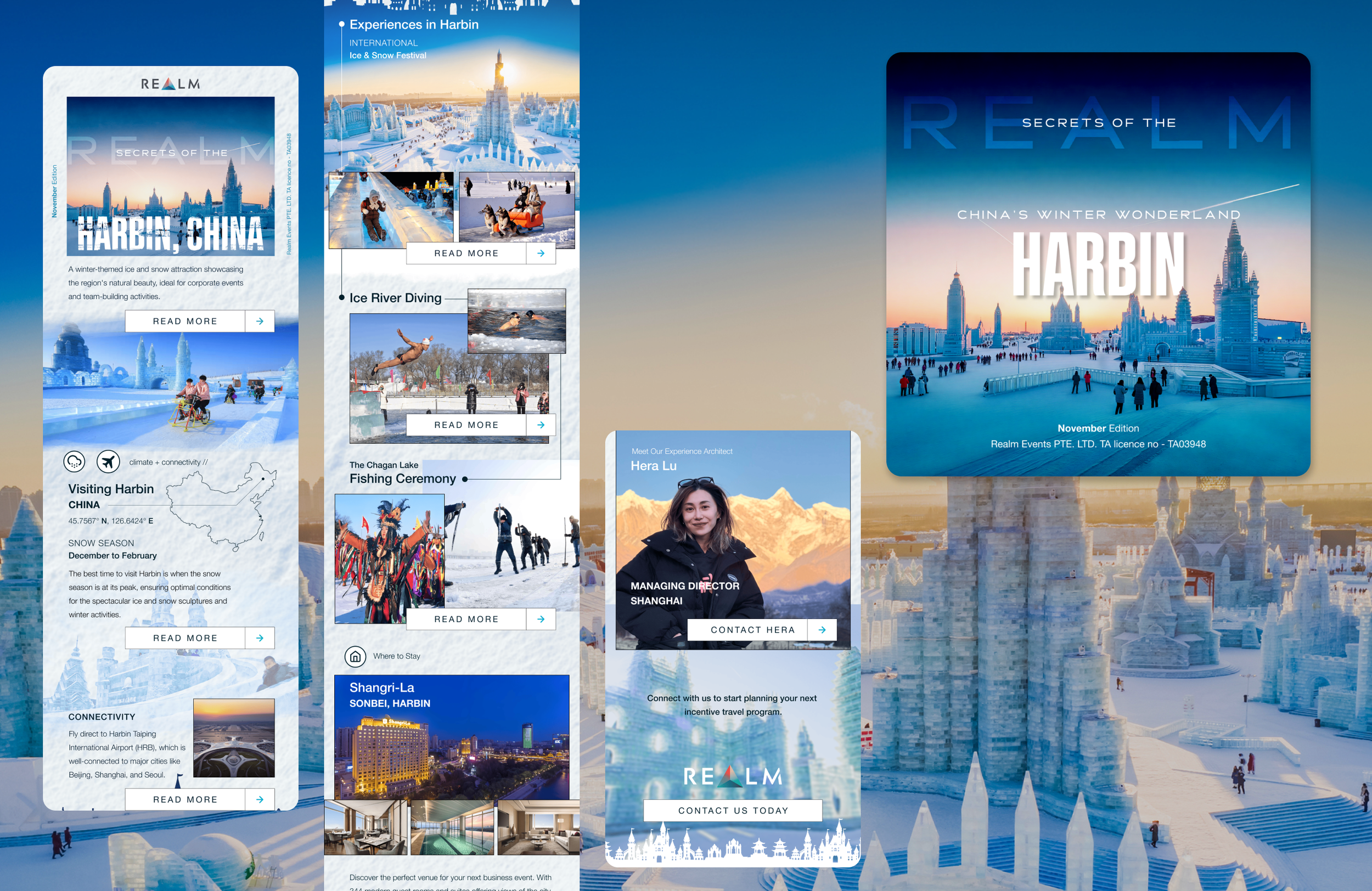This image shows multiple promotional banners and flyers for Harbin, China winter attractions, featuring ice and snow sculptures, winter activities, and tourism information. The background appears to be a large ice sculpture or ice palace reflecting in water.