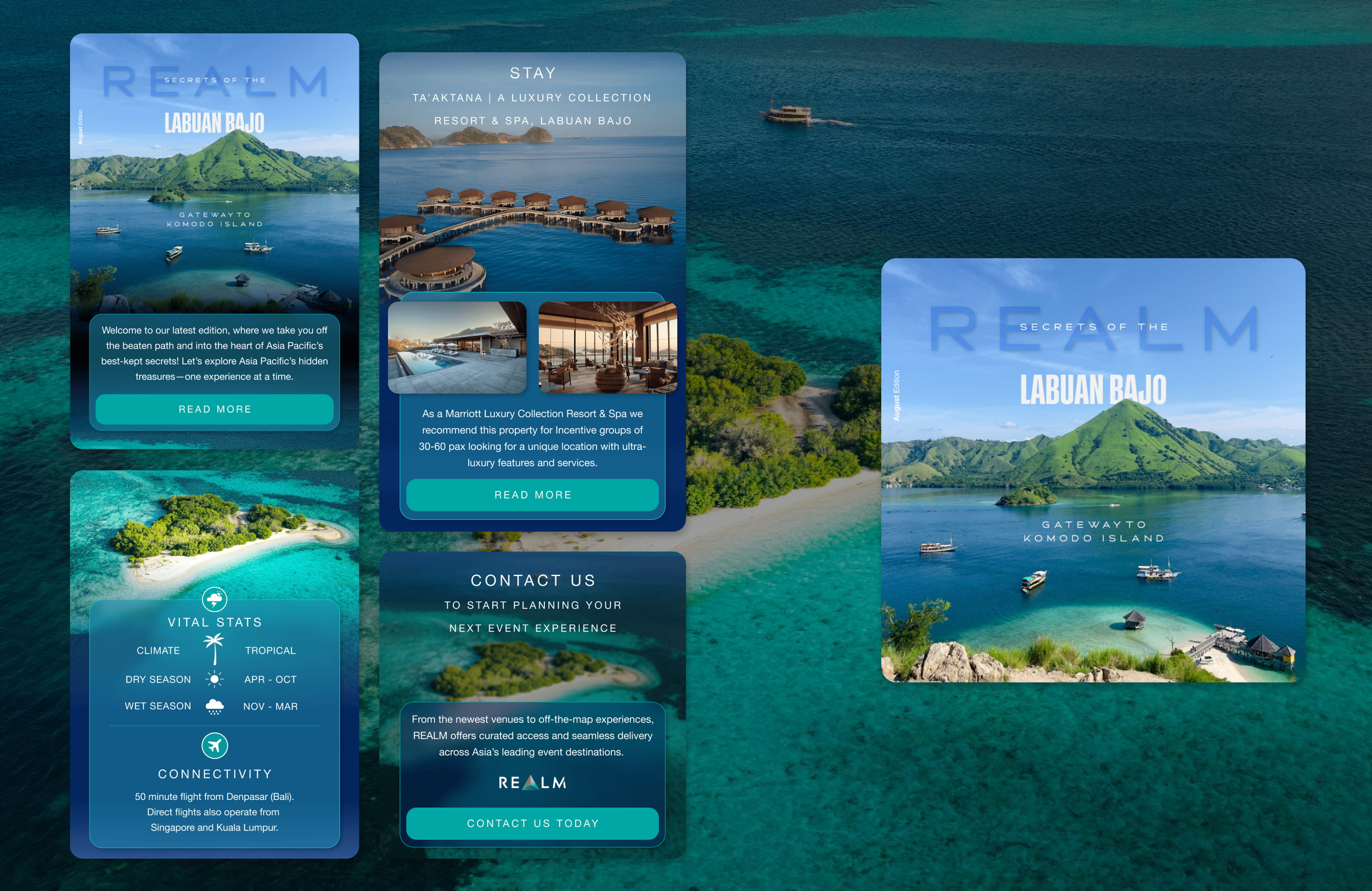 A collage of promotional images for a luxury resort in Labuan Bajo, Indonesia. The images feature aerial views of turquoise water and islands, resort buildings, and promotional text.