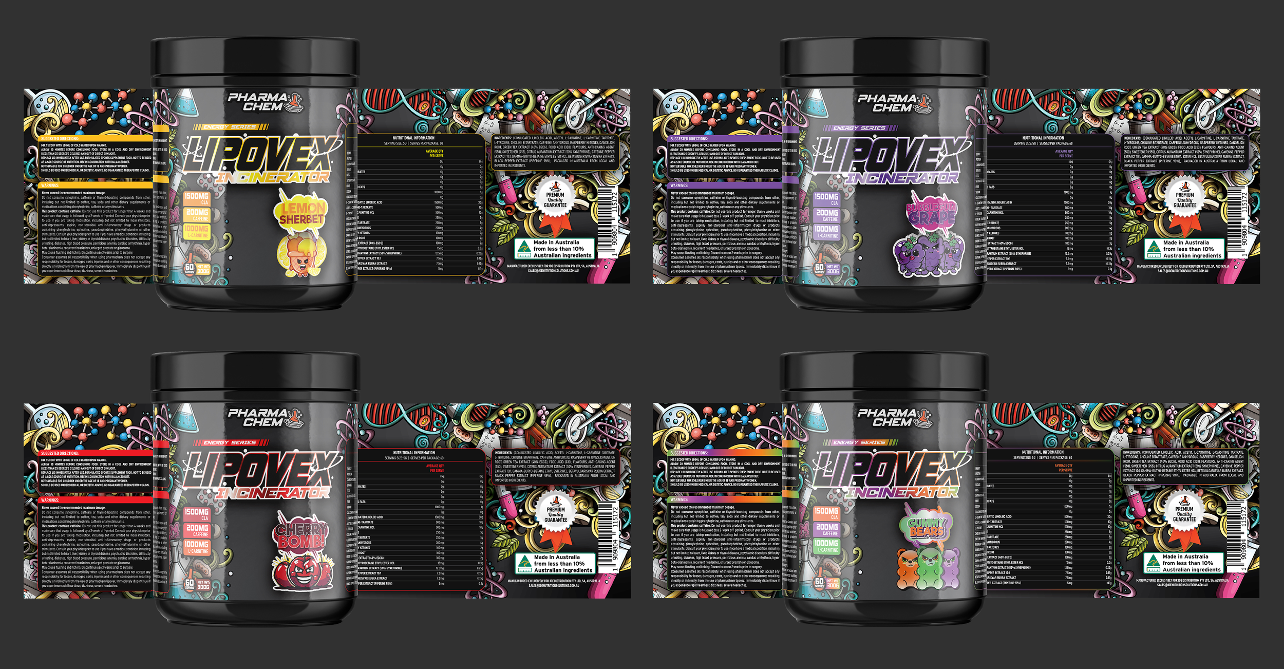 Multiple black supplement containers with colorful label designs featuring playful cartoon characters and vibrant graphics.