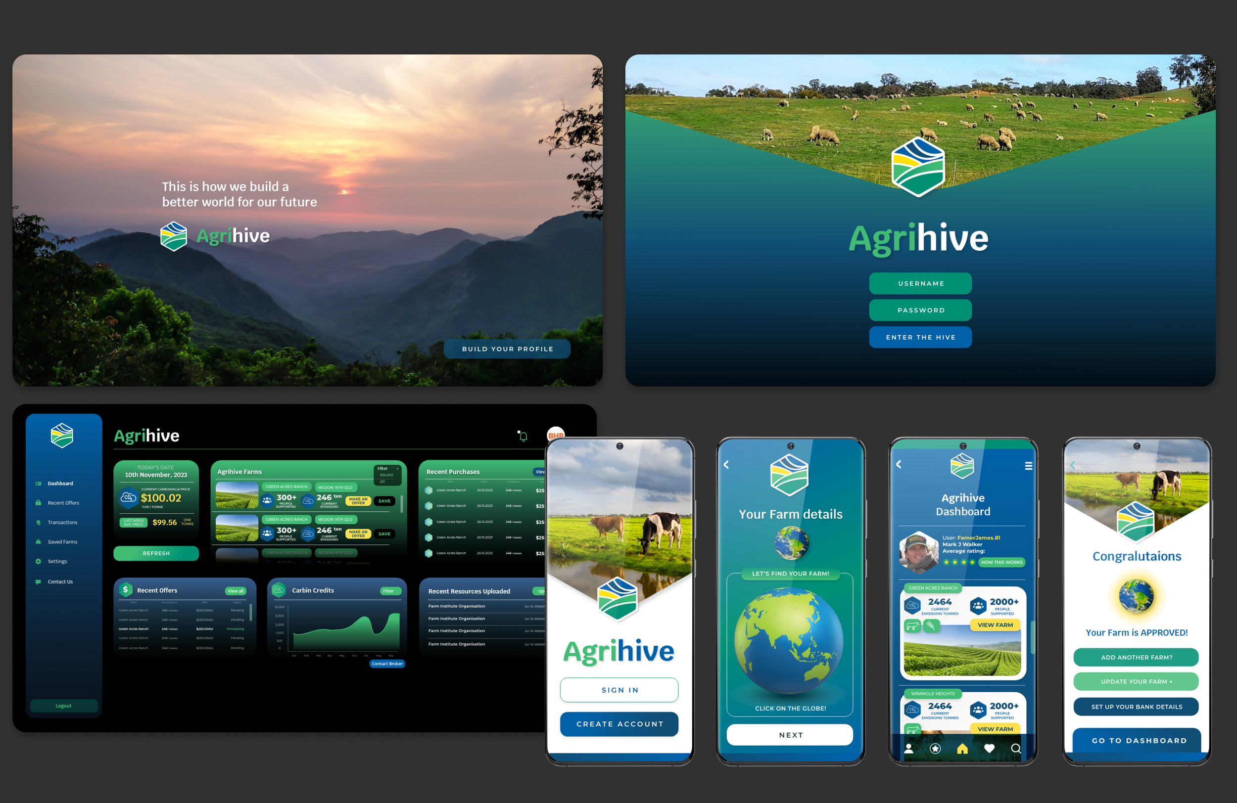 Screenshots of the Agrhive agricultural platform and app with farm data, dashboard, login screens, and mobile app interface, featuring images of cows, fields, and a globe.