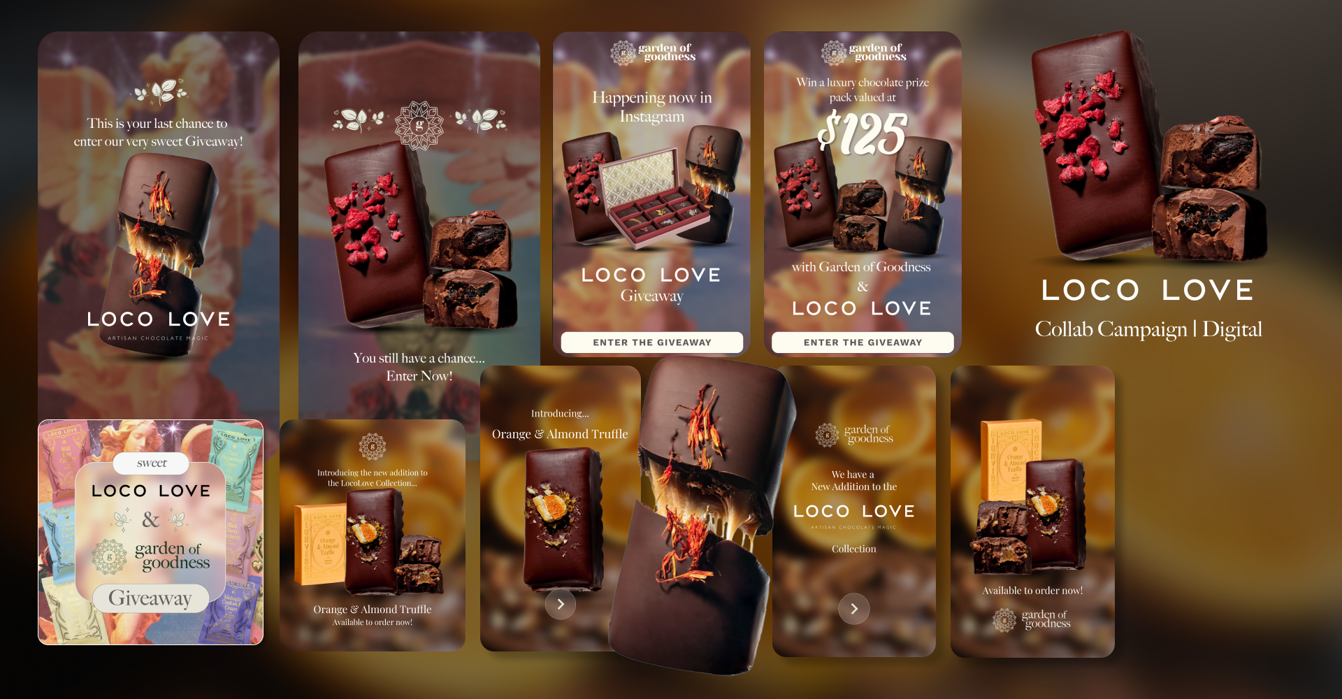 Multiple digital promotional advertisements for Loco Love artisan chocolates, including giveaway and campaign details, showing close-ups of various chocolate bars and packaging.