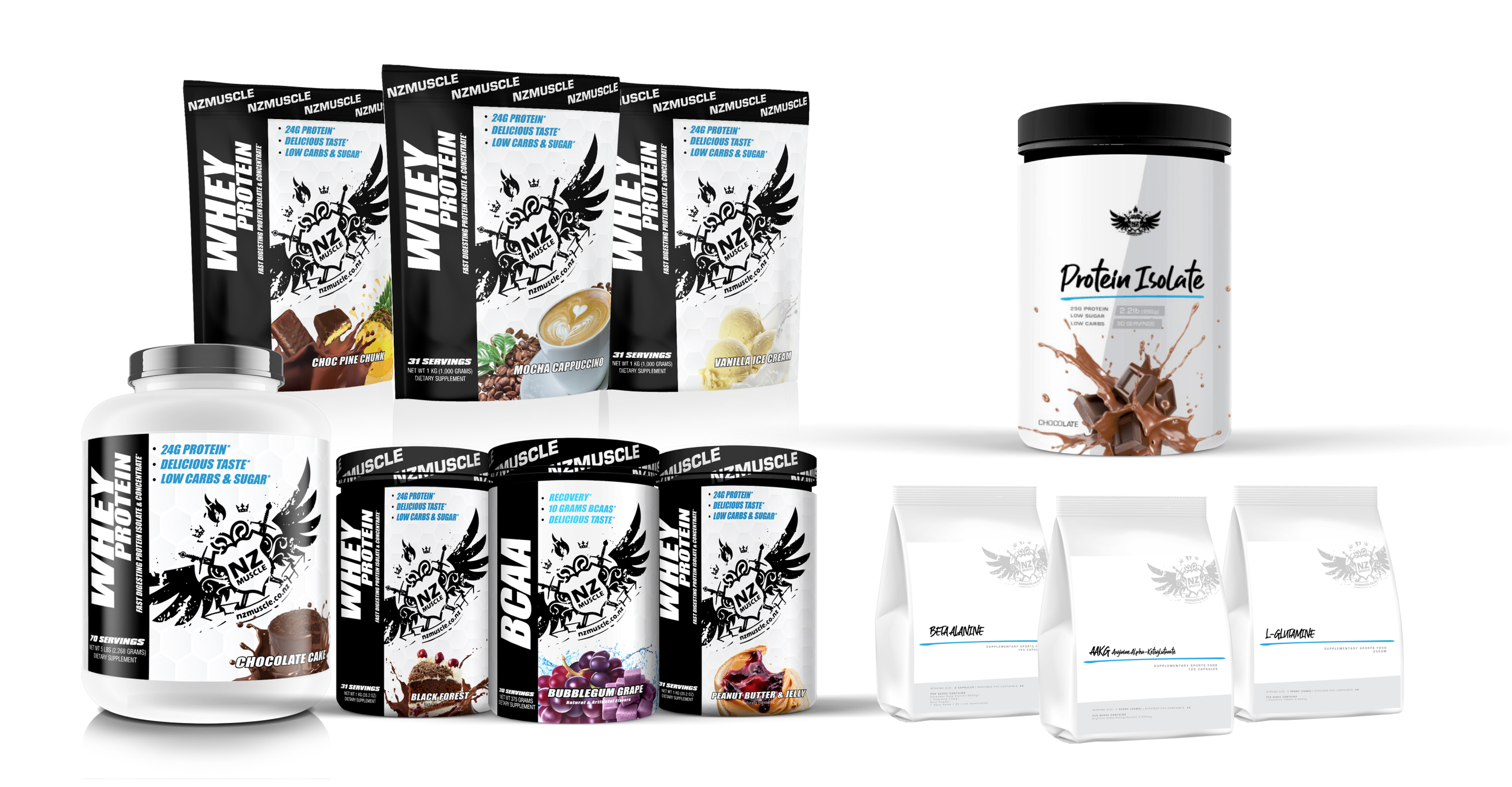 Assorted wholesale protein and supplement products, including protein powders, bars, and capsules, with branding and packaging.