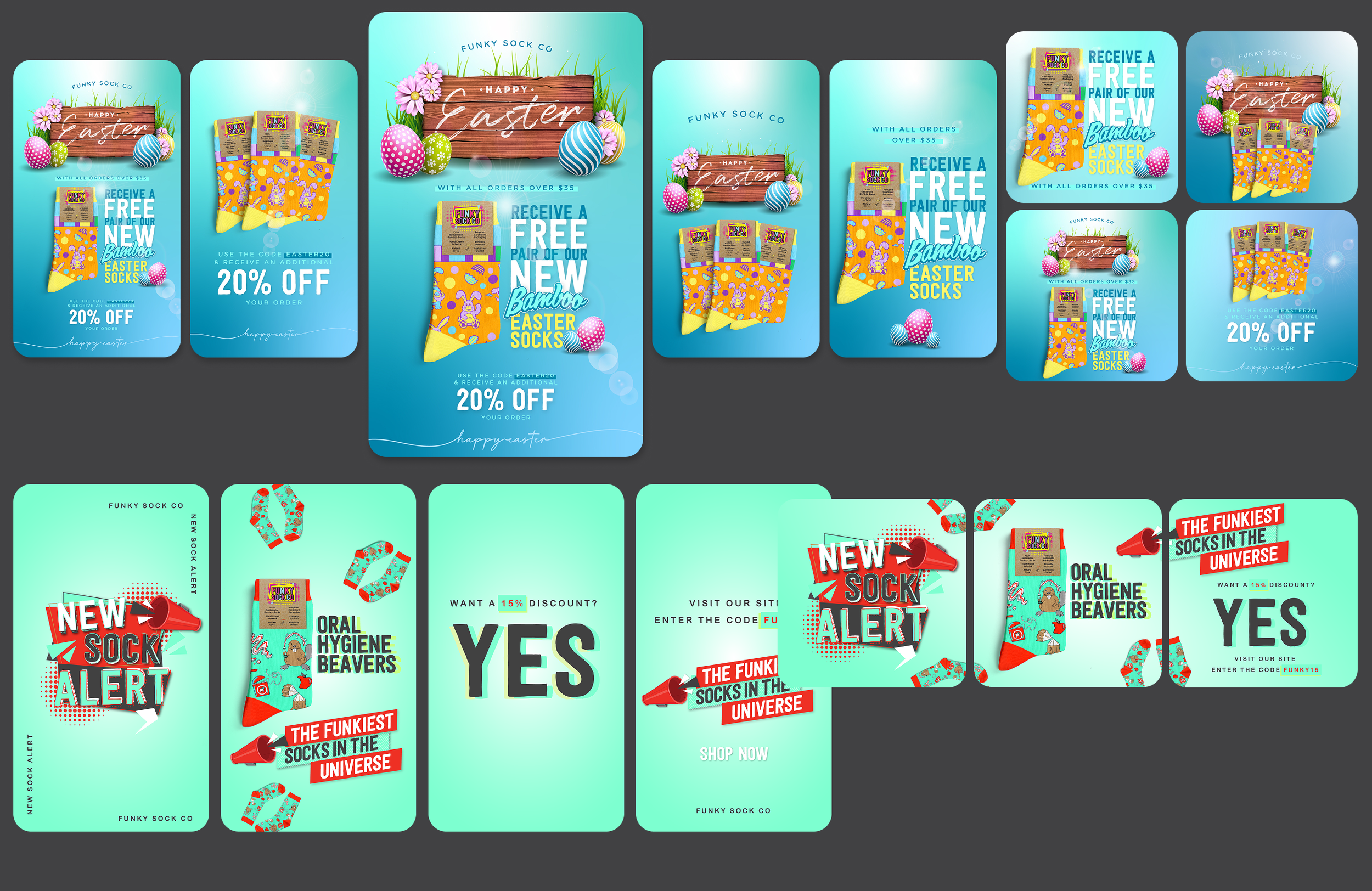 Multiple promotional images for Funky Sock Co, featuring Easter sale offers, sock product highlights, discount codes, and cheerful graphics with eggs, socks, and vibrant colors.