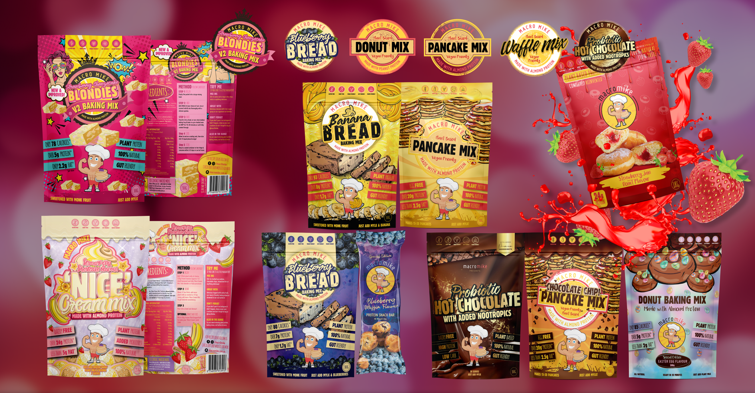 Display of various Macro Mike baking mix packages, including strawberry cheesecake blondies, blueberry bread, banana bread, donut mix, pancake mix, waffle mix, chocolate chip pancake mix, and other plant-based baking products with colorful packaging and fruit illustrations.