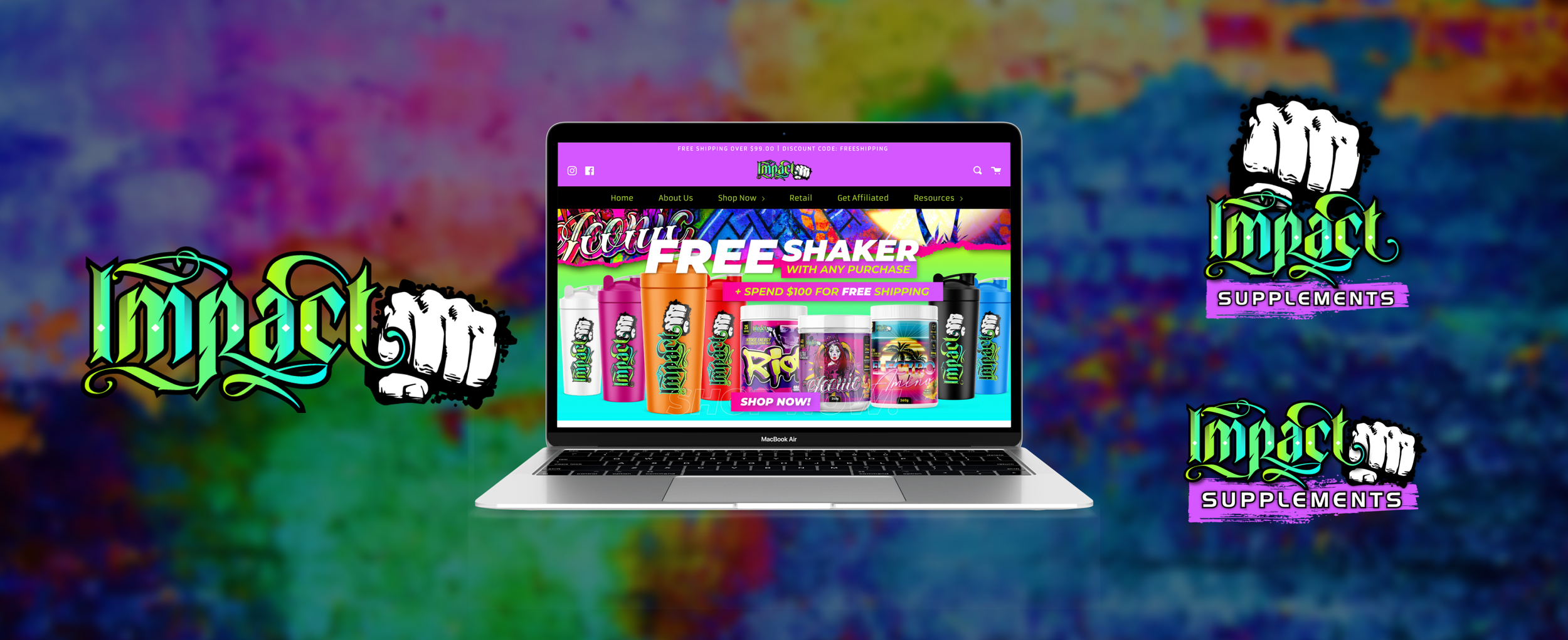A colorful website displayed on a laptop screen with a promotional banner for free shaker bottles with purchase, and the text '+ SPEND $100 FOR FREE SHIPPING'. The background features graffiti-style graphics with the words 'Impact Supplements' accompanied by a stylized fist logo.