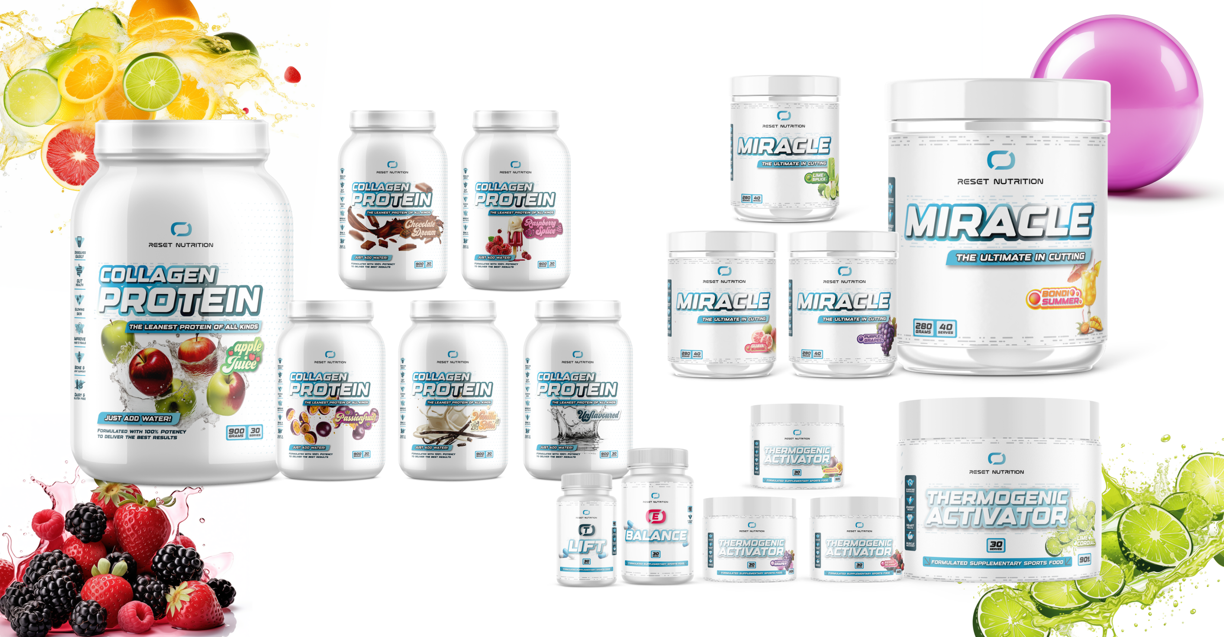 Collection of Reset Nutrition dietary supplement products, including collagen protein powders in various flavors, miracle supplements, thermogenic activator, and other fitness support bottles, with colorful fruit and splash background.