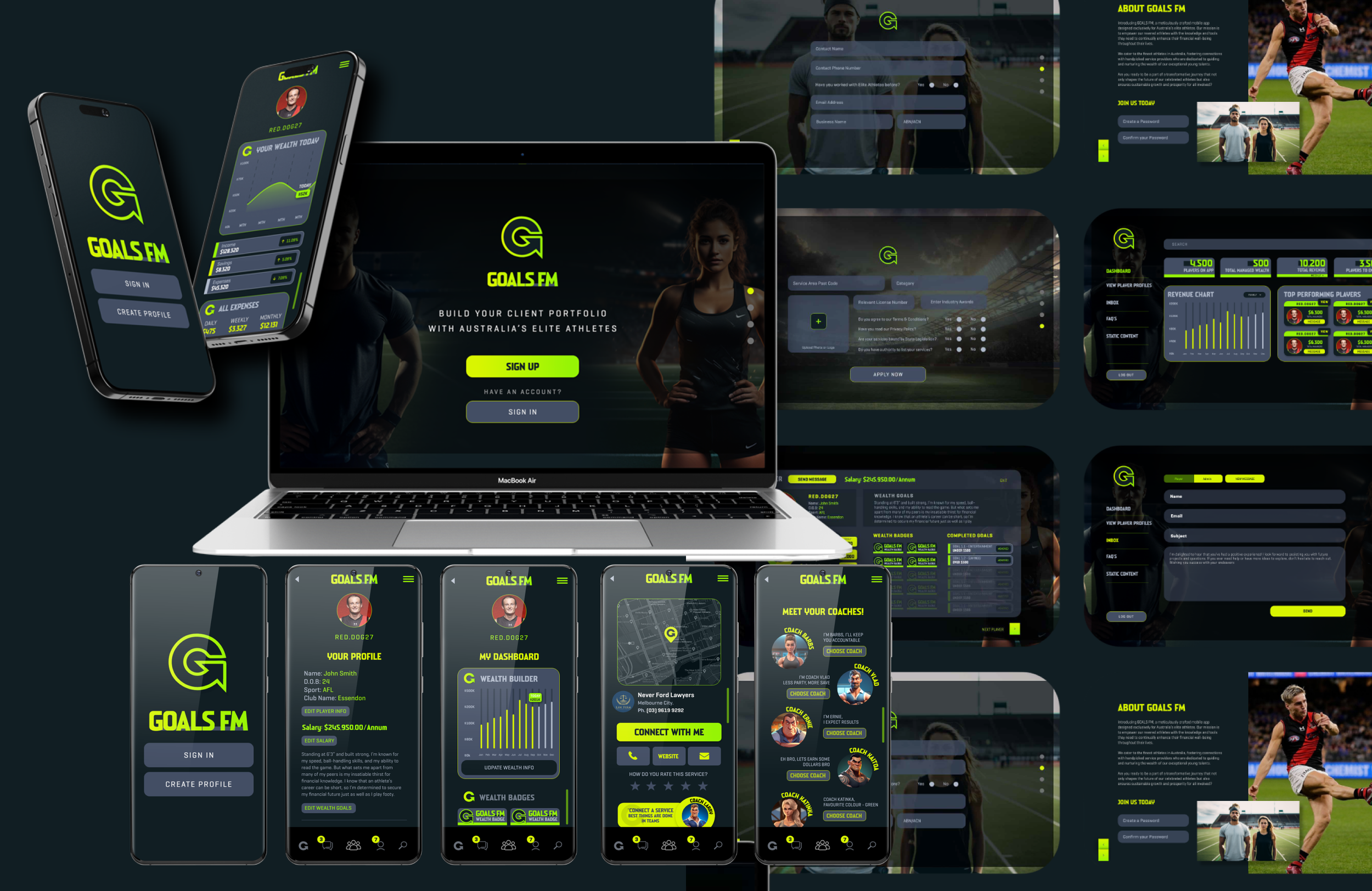Collection of digital screens displaying a sports-themed app called GOALS FM featuring athlete profiles, dashboards, wealth goals, and contact forms related to sports and athlete management.