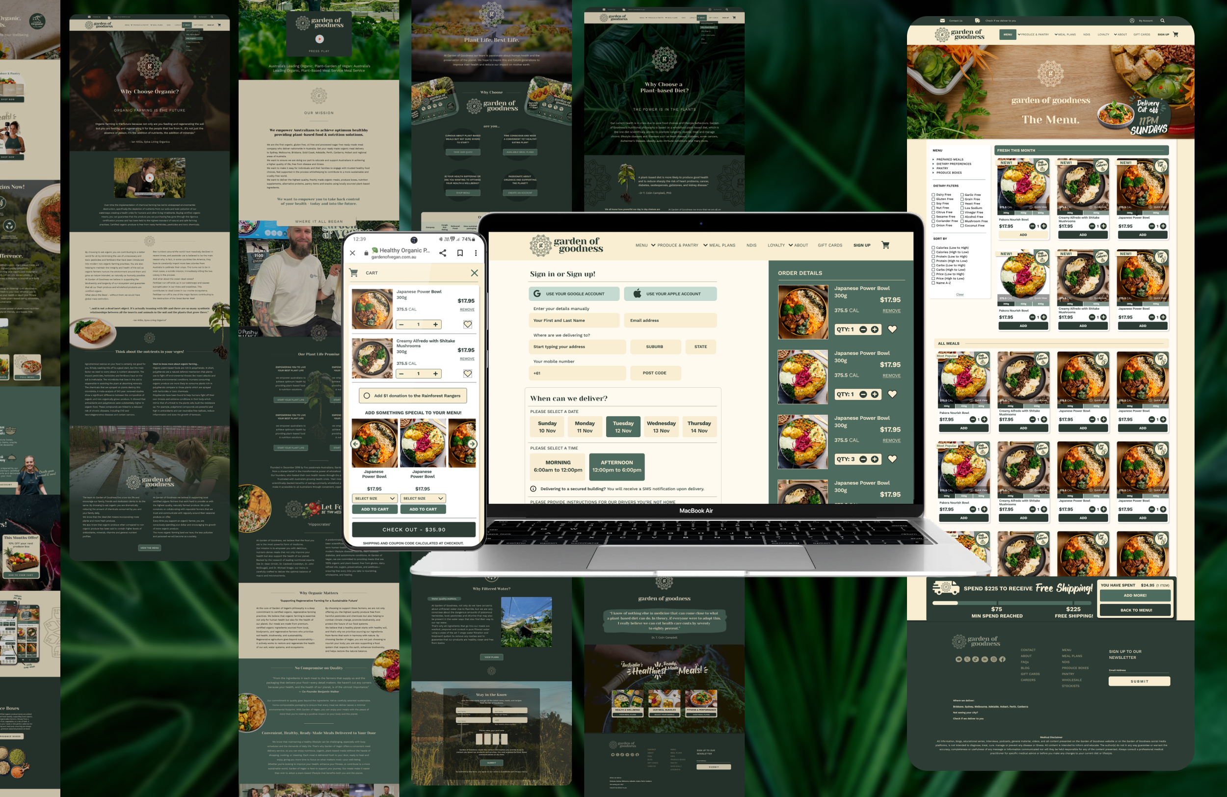 Multiple screenshots of a website called 'Garden of Goodness' showcasing plant-based food, menus, online ordering, and company information.
