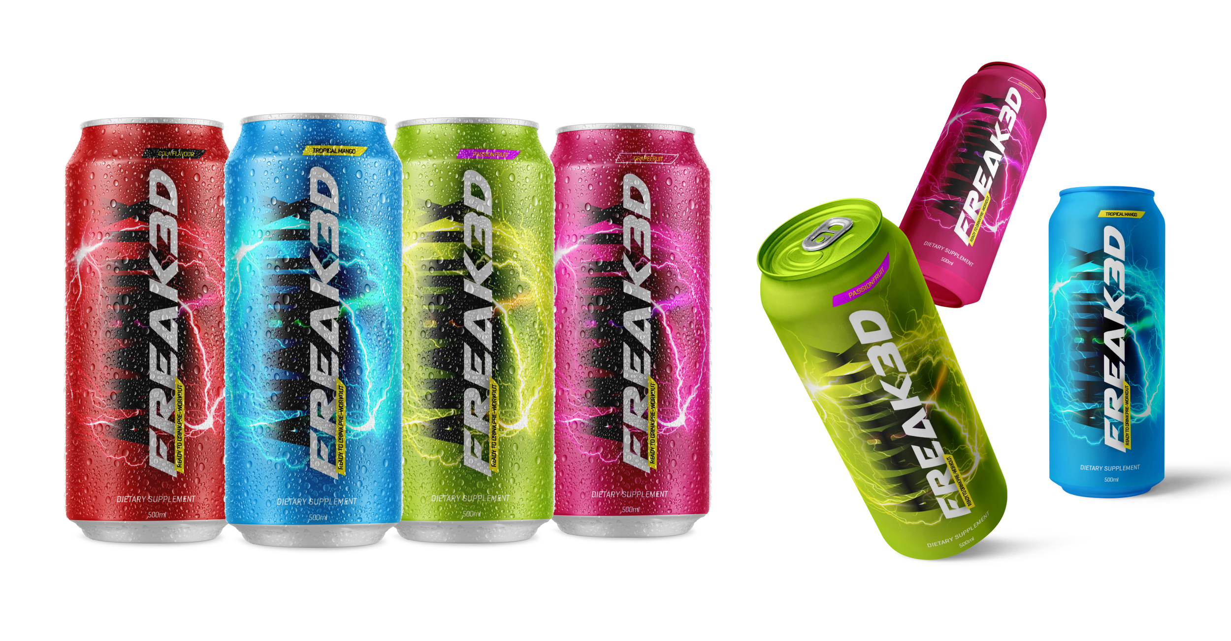 Six colorful energy drink cans with water droplets, labeled 'ENERGYBOOST', in red, blue, green, pink, purple, and teal, with two cans tilted to the right. The cans have lightning bolt graphics and flavor labels.
