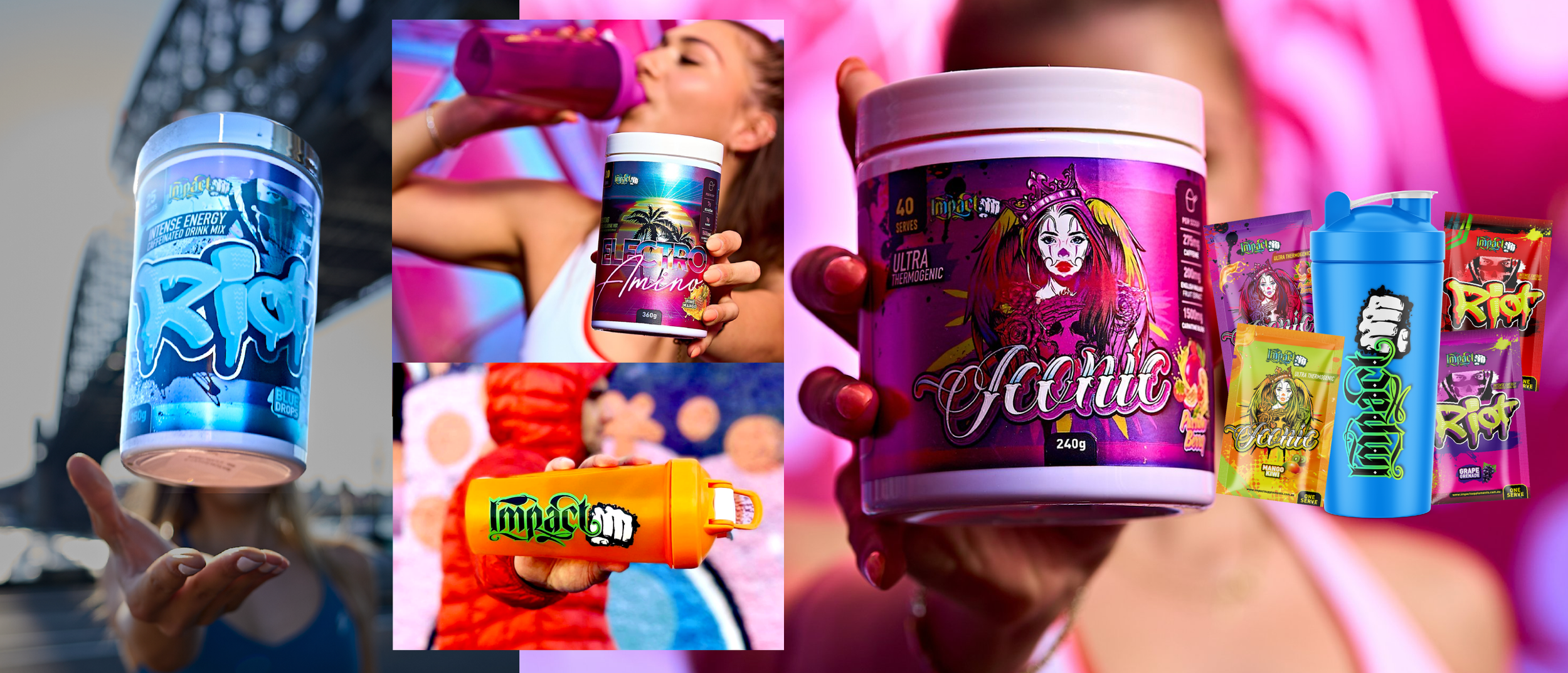 A collage of colorful impact powders and sachets, with a woman in the background drinking from a bottle.