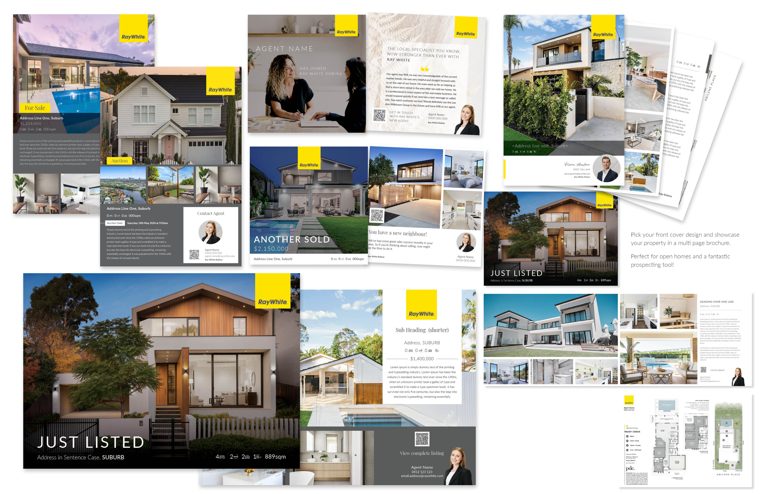 A collage of real estate flyers advertising homes for sale, listing property details, images of modern houses, and agent contact information.