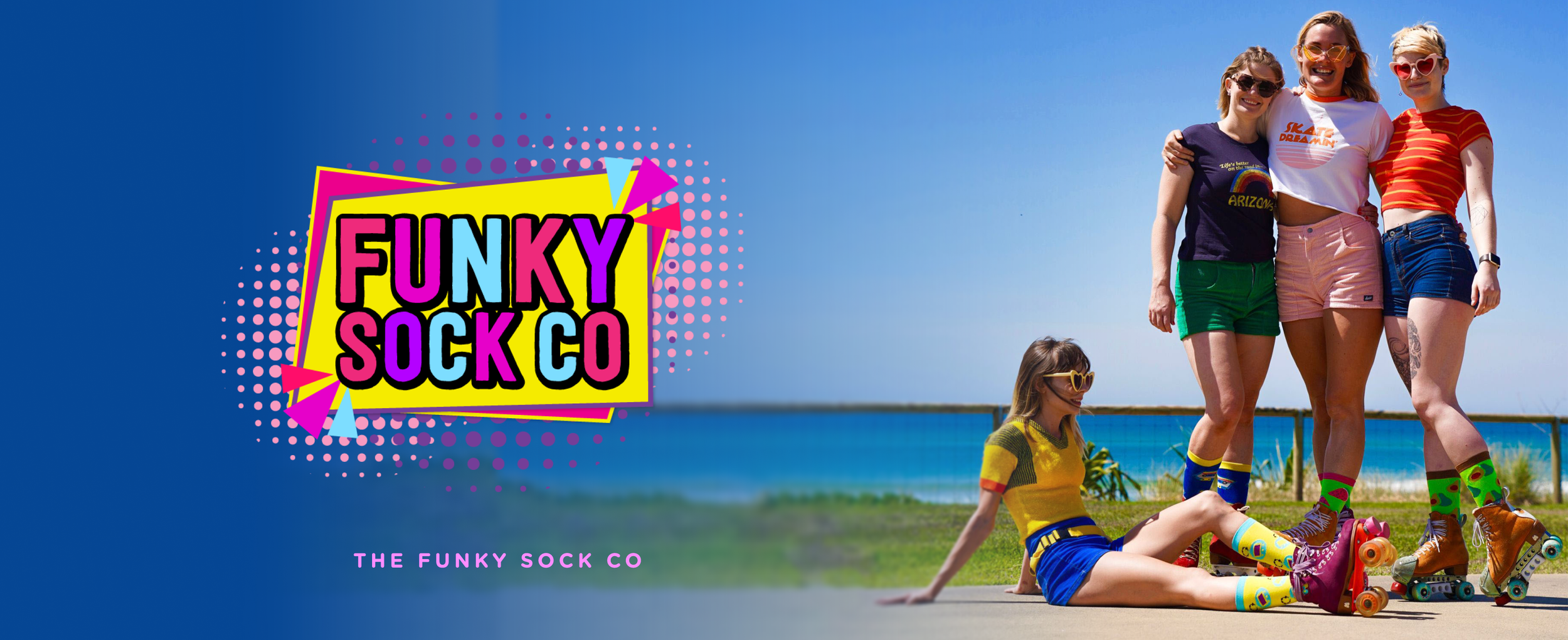 Four women and a girl with roller skates on, wearing colorful socks, standing and sitting outdoors on a sunny day near water. A graphic logo with the text 'FUNKY SOCK CO' is on the left side.