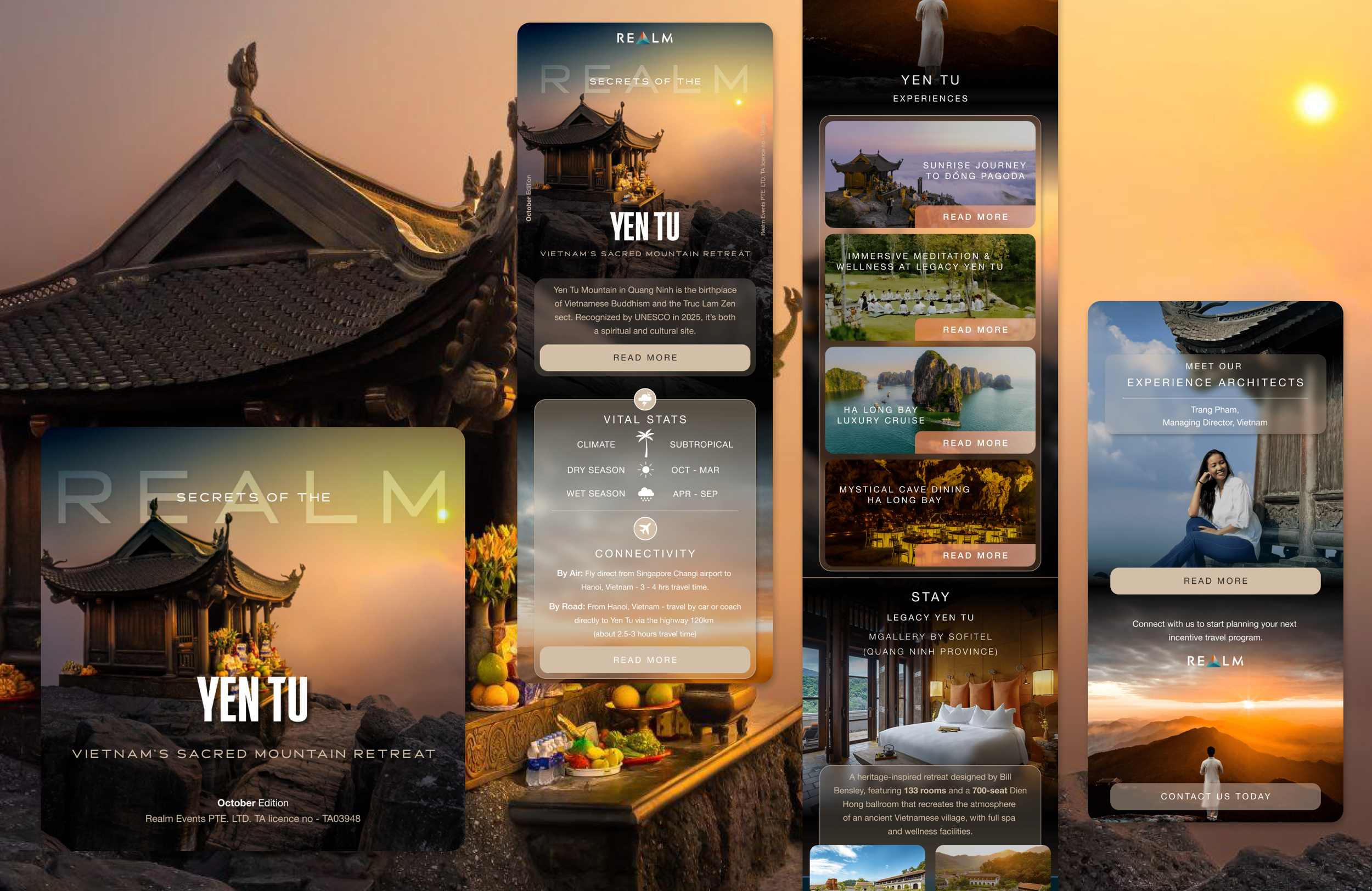 Collage of promotional images for Vietnam travel experiences, including temples, scenic landscapes, and luxury cruises, with overlaid text about destinations and activities.