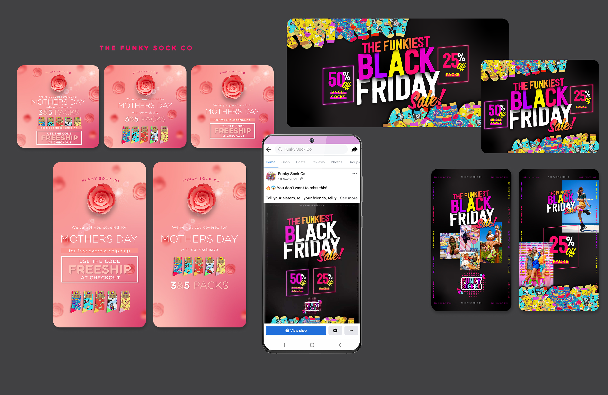 Digital collage of promotional advertisements for Funky Sock Co featuring Mother's Day sock packs and Black Friday sale with discounts on socks and packs, displayed on pink and black backgrounds with colorful sock illustrations and a Facebook post.