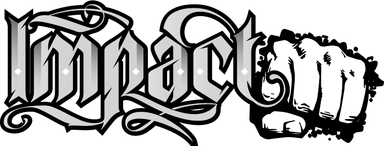 Graffiti-style art with the word 'impact' and a fist illustration on a black background.